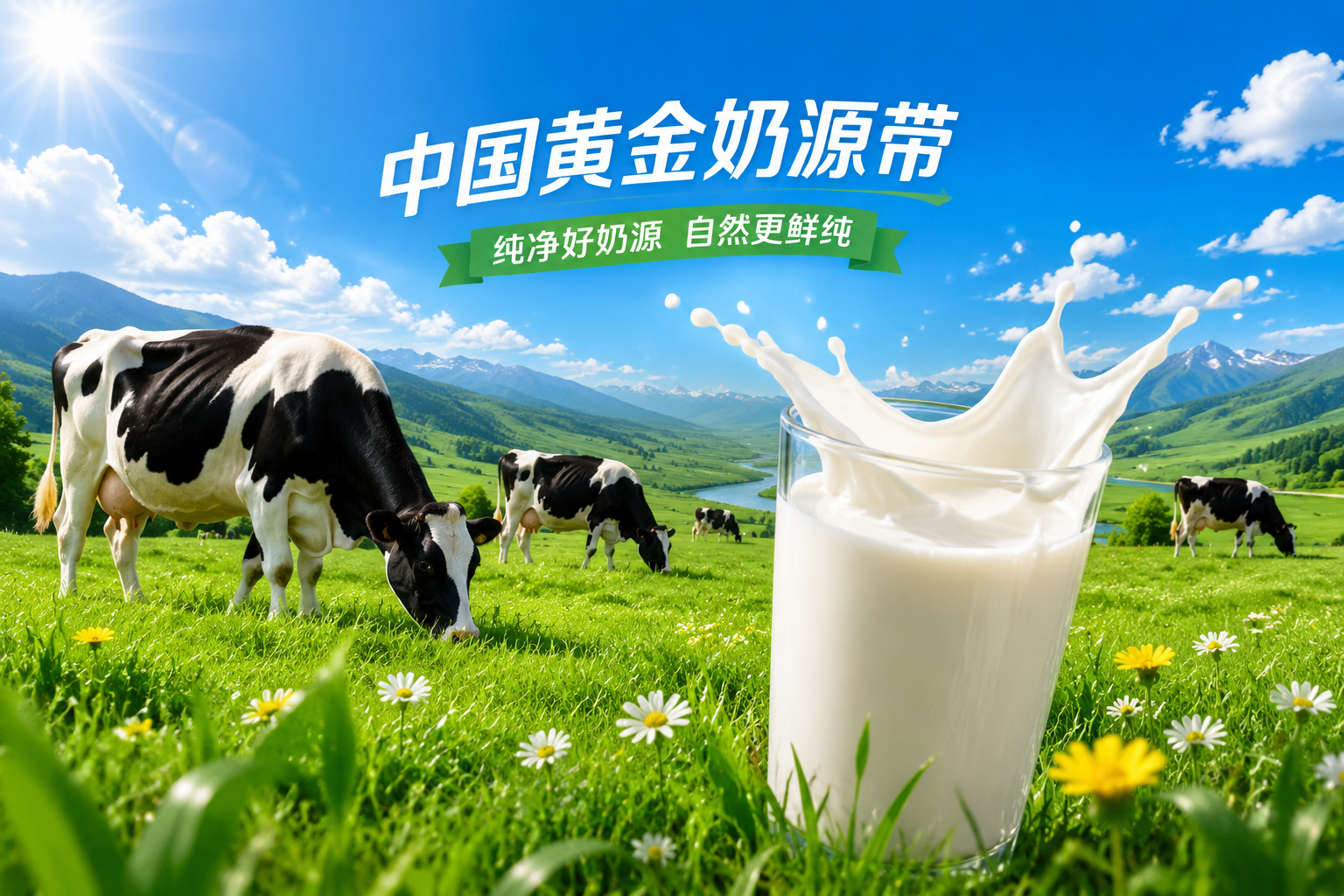 陽光明媚的綠色生態(tài)牧場，黑白相間的奶牛在吃草，藍天白云，草地上有一杯純凈的鮮牛奶飛濺，展現(xiàn)中國黃金奶源帶的純凈與新鮮，自然風光，色彩鮮艷。