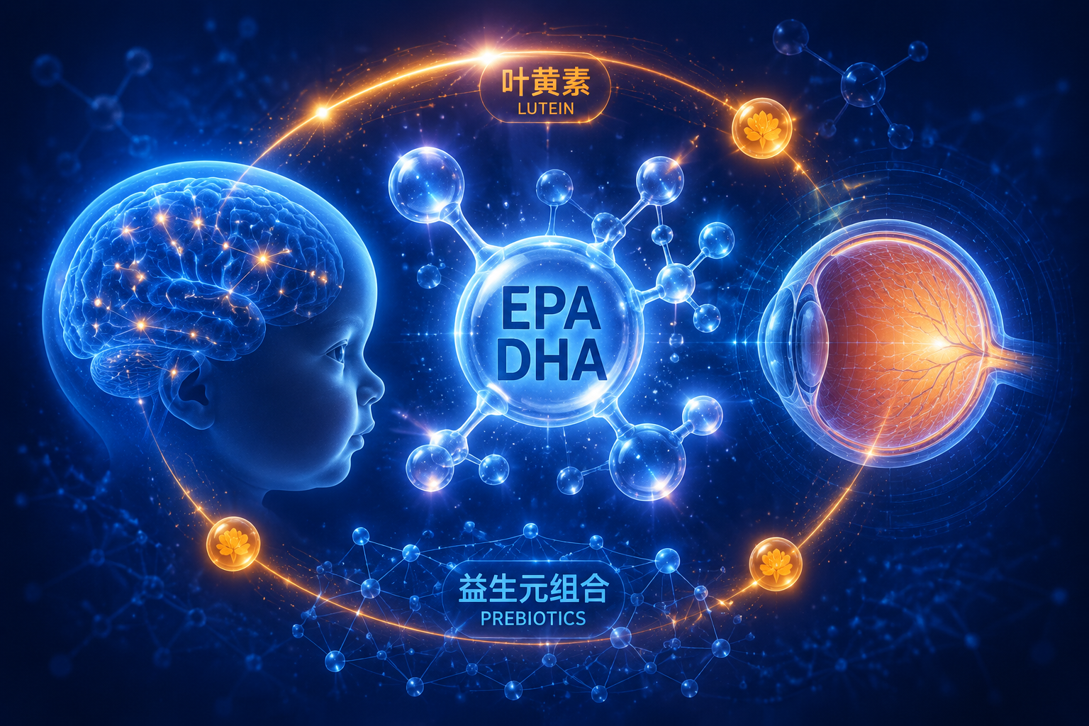 展現(xiàn)寶寶大腦與視網(wǎng)膜發(fā)育的高科技透視圖象概念。背景為深海藍(lán)，畫(huà)面中央漂浮著晶瑩剔透的EPA/DHA分子結(jié)構(gòu)圖，周圍環(huán)繞著象征葉黃素的橙色光環(huán)和微觀益生元網(wǎng)絡(luò)結(jié)構(gòu)，表現(xiàn)產(chǎn)品配方的特殊強(qiáng)化營(yíng)養(yǎng)。