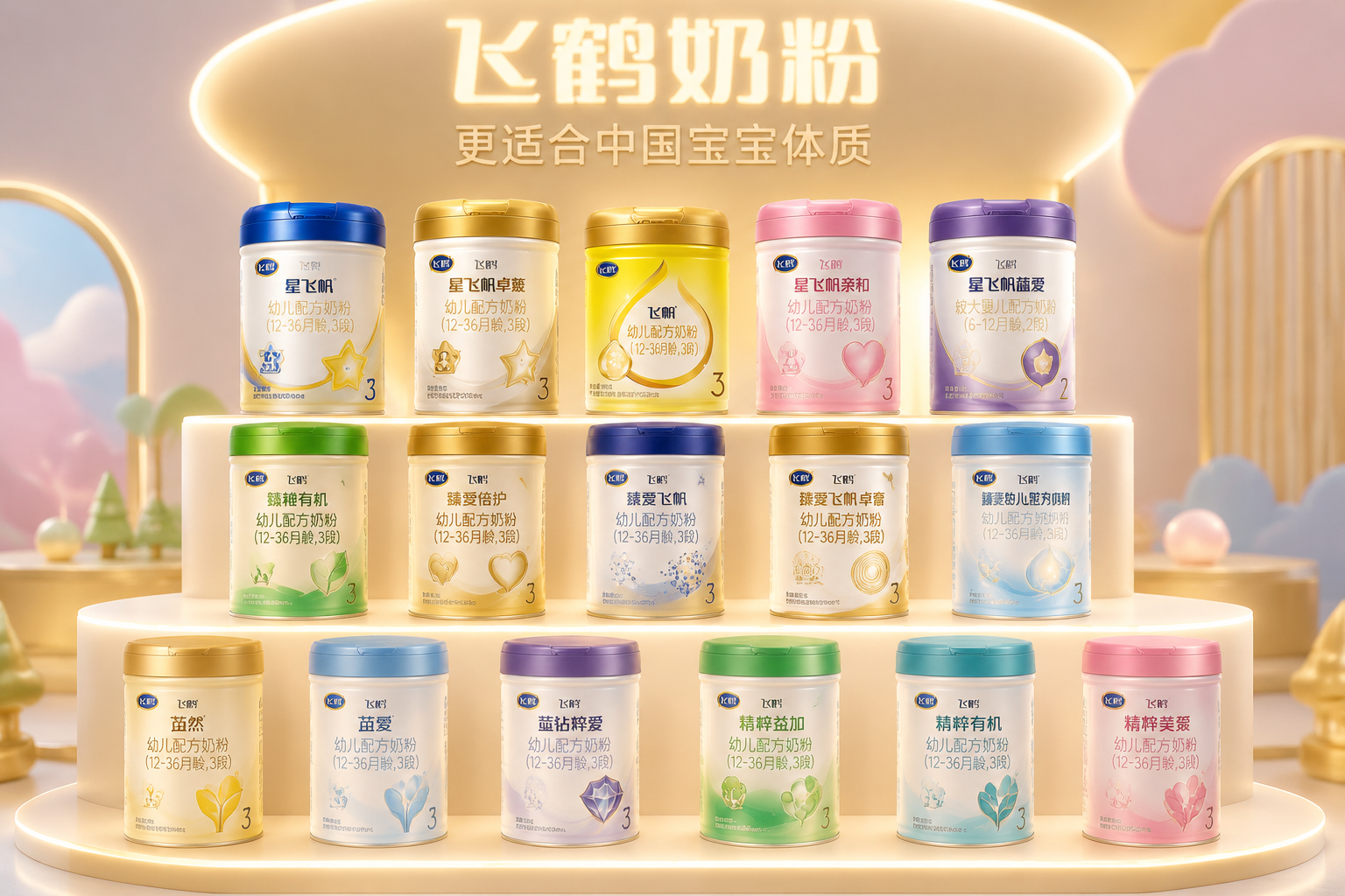 展列在發(fā)光展示架上的飛鶴家族奶粉矩陣。多罐不同包裝的飛鶴嬰兒奶粉整齊排列，如星飛帆、臻稚有機(jī)等，背景是柔和的馬卡龍色調(diào)，燈光聚焦在產(chǎn)品上，展現(xiàn)品牌豐富的產(chǎn)品線與高端質(zhì)感，3D渲染。