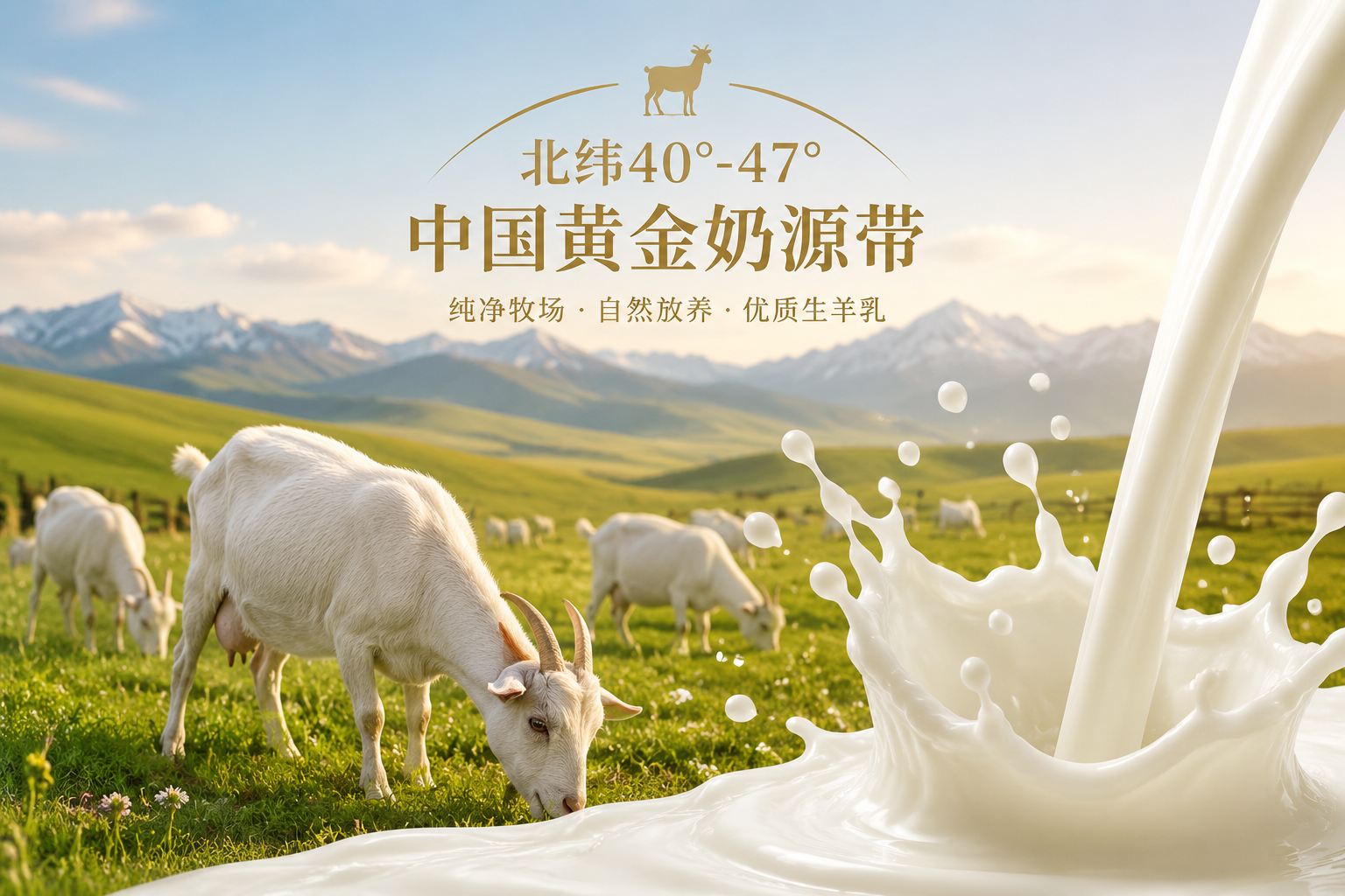 一群健康的奶山羊在北緯40°-47°的中國黃金奶源帶牧場上悠閑地吃草，旁邊有新鮮傾倒的牛奶/羊乳液滴飛濺的特寫，象征純凈奶源和新鮮生羊乳，光線柔和，色調(diào)溫暖。