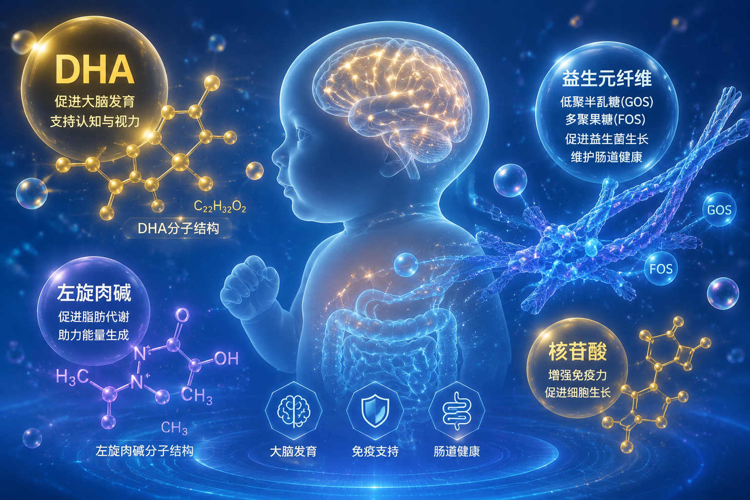 充滿科技感的微觀營(yíng)養(yǎng)元素圖解，畫面中漂浮著發(fā)光的DHA分子結(jié)構(gòu)、益生元纖維（低聚半乳糖/多聚果糖）、左旋肉堿等元素，背景隱約有寶寶健康大腦和腸道的發(fā)光輪廓。
