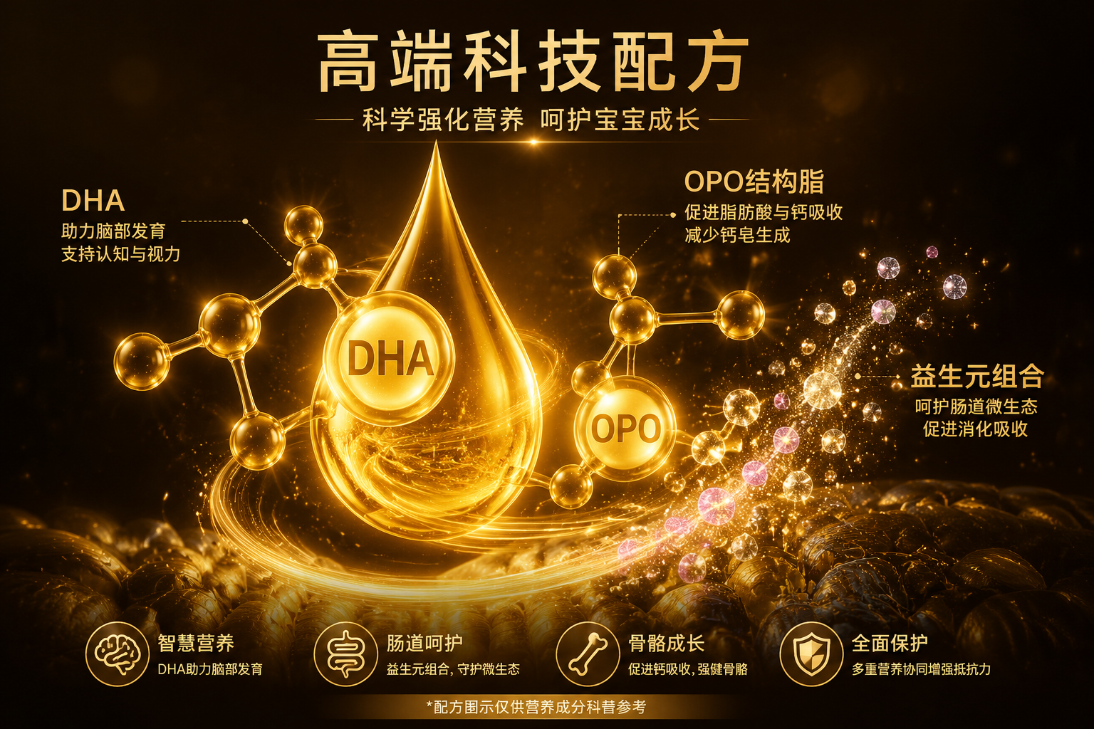 高端科技配方展示，金色的DHA油滴與OPO結(jié)構(gòu)脂分子交織，旁邊有代表腸道益生元的微光粒子，背景為奢華的暗金色調(diào)，突出奶粉在強化營養(yǎng)配方上的專業(yè)與珍貴。