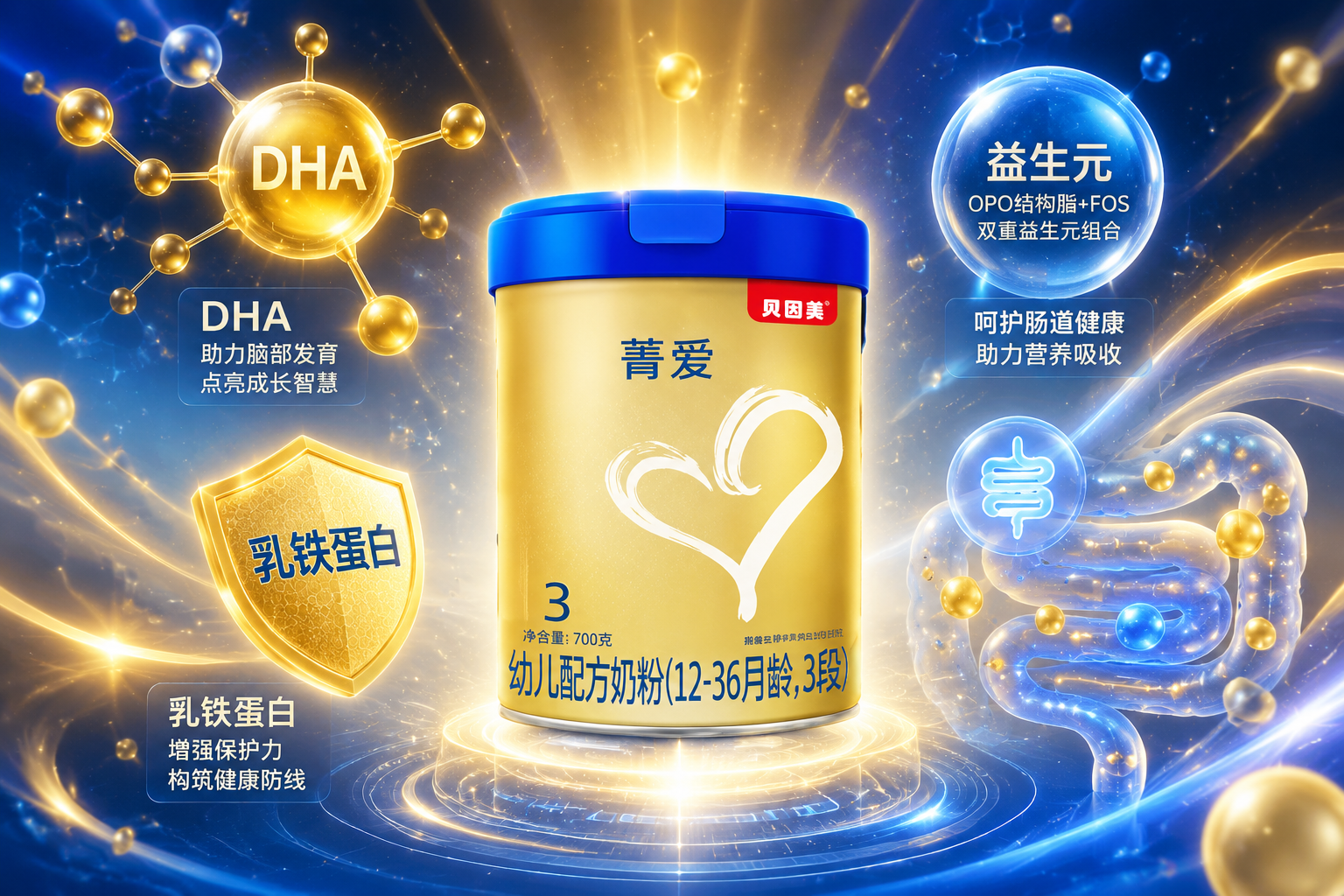 充滿科技感與生命力的微觀營養(yǎng)元素插畫，畫面中漂浮著發(fā)光的DHA分子結(jié)構(gòu)、盾牌形狀的乳鐵蛋白圖標、以及代表腸道健康的益生元氣泡，色彩以溫暖的金色和科技藍為主，圍繞著奶粉罐，展現(xiàn)配方優(yōu)勢。