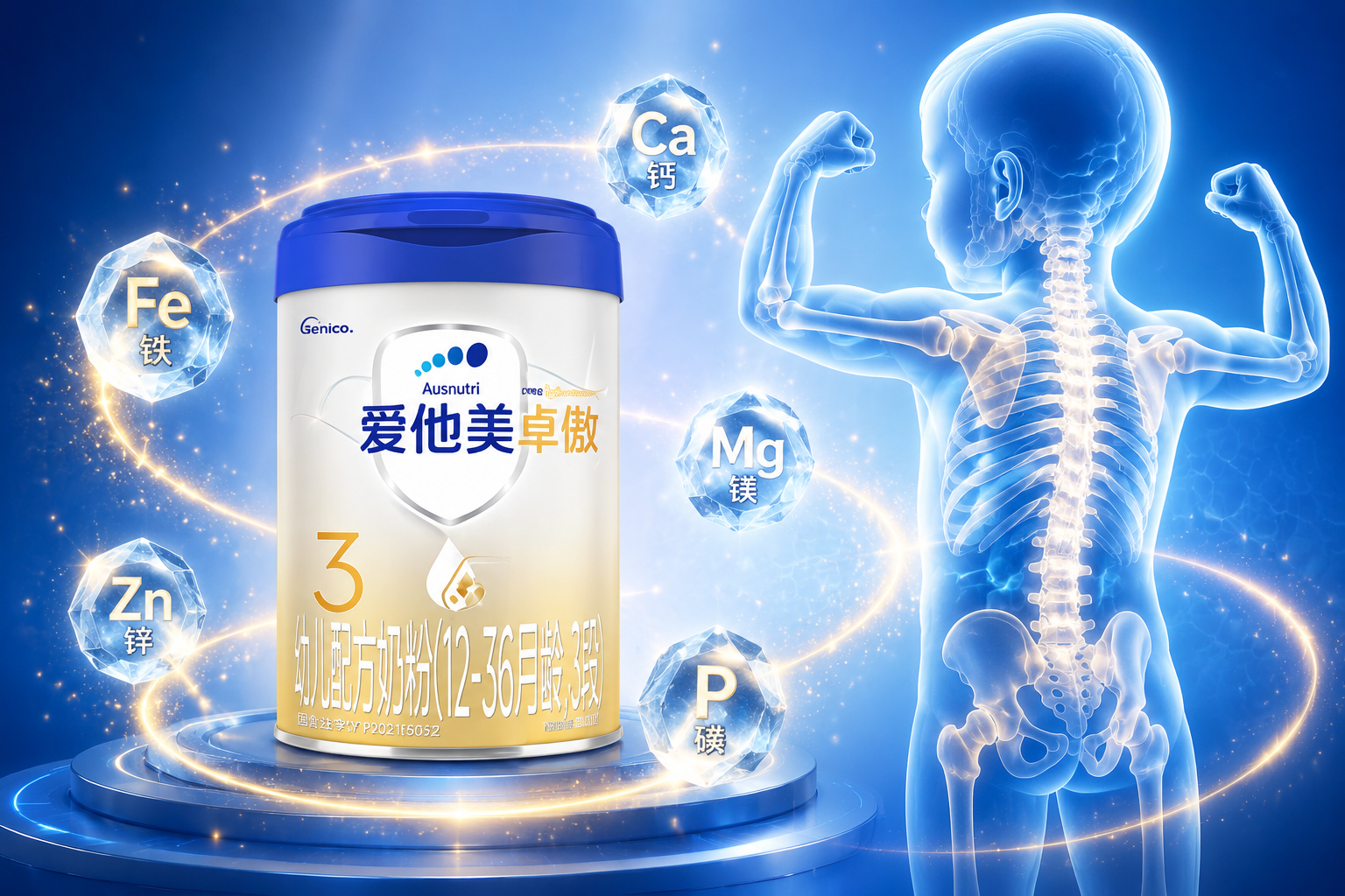 晶瑩剔透的礦物質(zhì)晶體（如鐵、鋅、鈣等）環(huán)繞在奶粉罐周圍，背景是寶寶強(qiáng)壯的骨骼透視圖，象征礦物質(zhì)對(duì)身體發(fā)育的支撐作用。