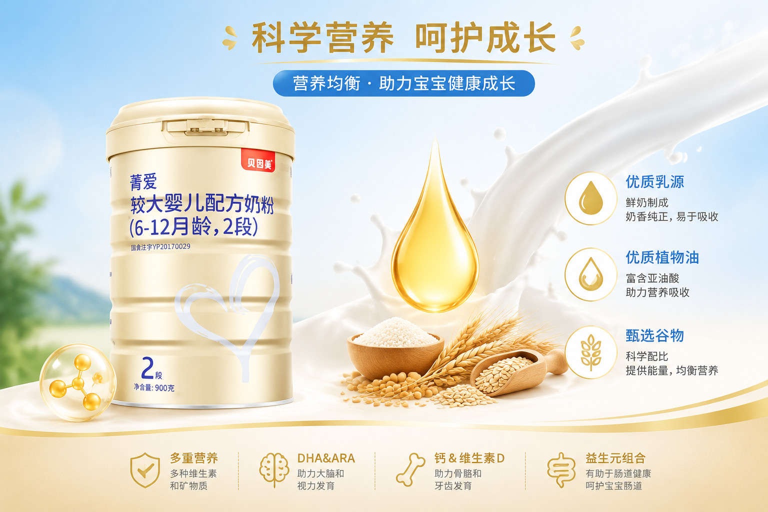 營養(yǎng)成分展示圖，一側(cè)是貝因美菁愛奶粉，另一側(cè)是代表基礎(chǔ)營養(yǎng)的食材（如純凈的牛奶瀑布、優(yōu)質(zhì)植物油滴、谷物），畫面干凈明亮，排版整潔。