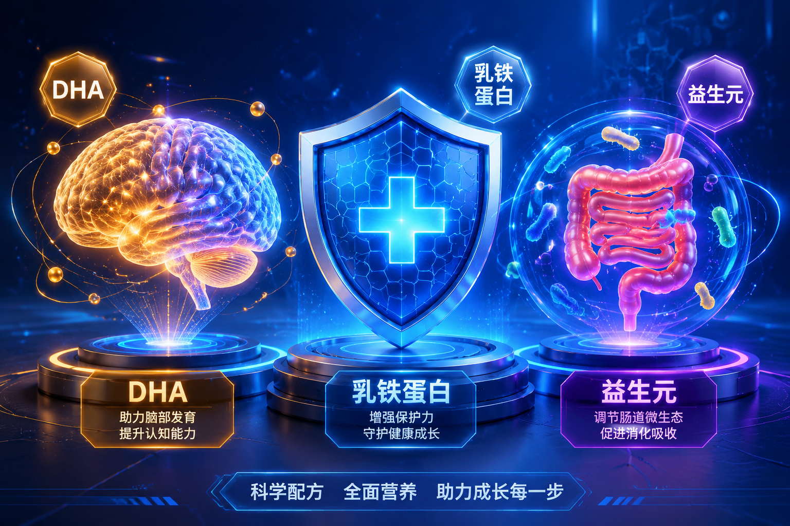 3D科技風(fēng)格的圖標(biāo)合集，包含發(fā)光的大腦（代表DHA）、盾牌（代表乳鐵蛋白）、腸道微生態(tài)（代表益生元），色彩鮮艷，具有未來感和科學(xué)感。