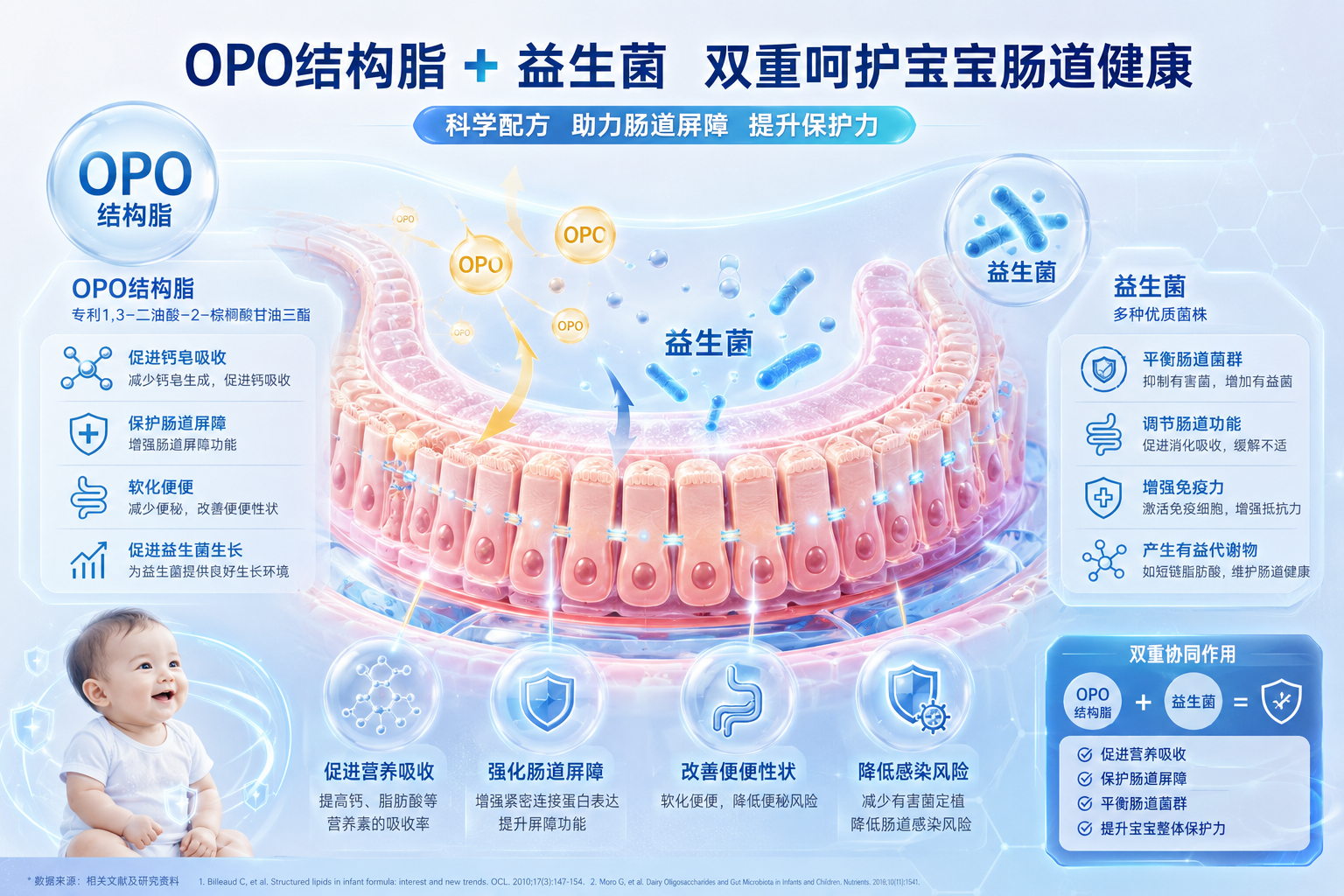科學(xué)圖解風(fēng)格，展示OPO結(jié)構(gòu)脂和益生菌在嬰兒腸道中的保護(hù)作用，帶有科技感和醫(yī)療健康感的設(shè)計(jì)。