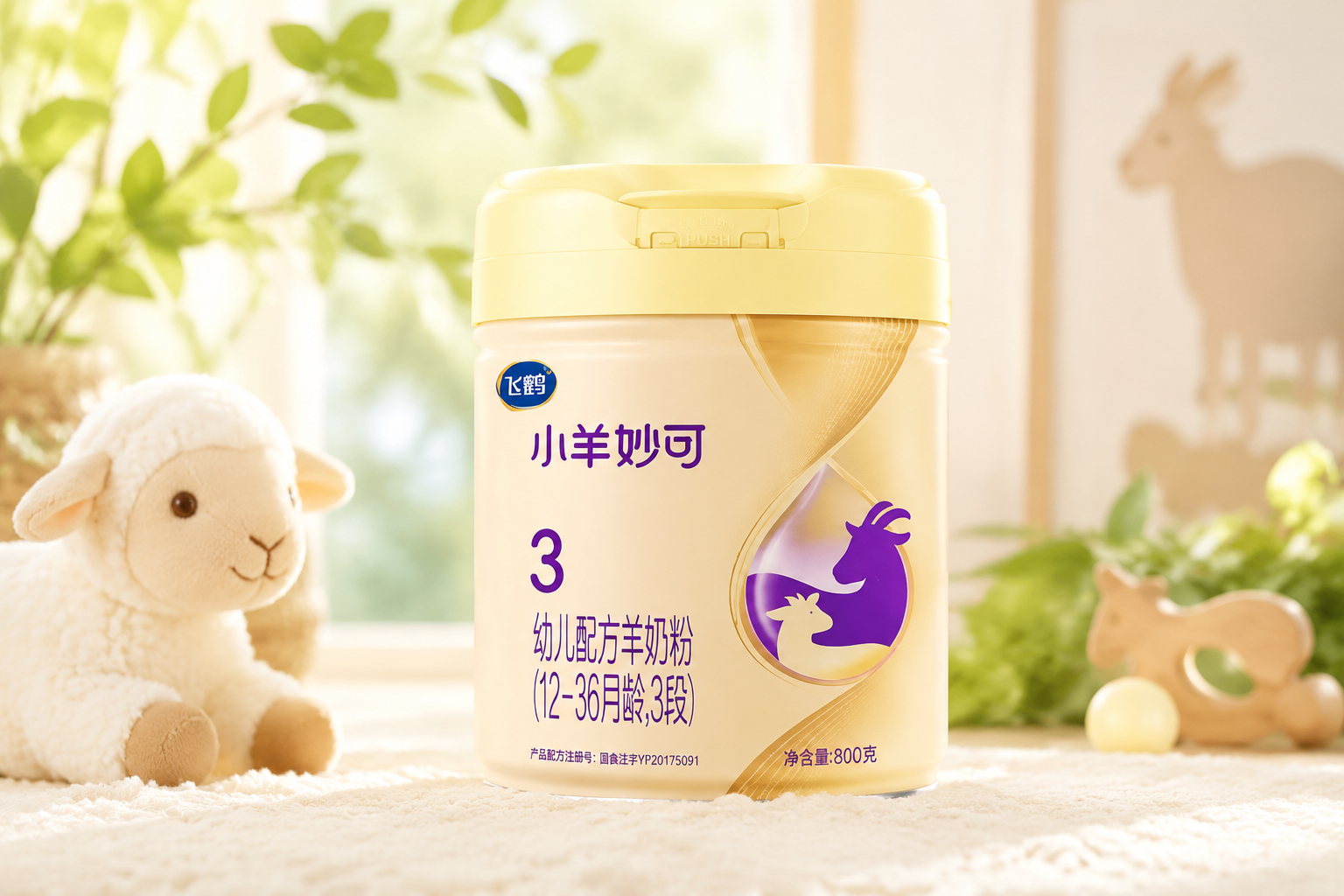 一罐飛鶴小羊妙可羊奶粉3段的高清產(chǎn)品圖，放置在溫馨的母嬰拍攝背景中，周圍有柔和的光線和綠植點綴，展現(xiàn)高端品質(zhì)感，攝影棚燈光，8k分辨率。
