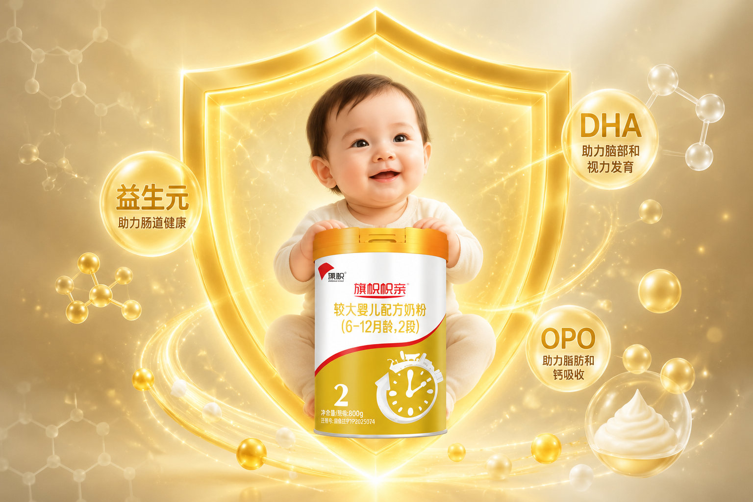 一個金色的發(fā)光護(hù)盾保護(hù)著嬰兒的插畫，周圍環(huán)繞著象征益生元、DHA和OPO的抽象粒子，充滿安全感和科學(xué)育兒的氛圍。