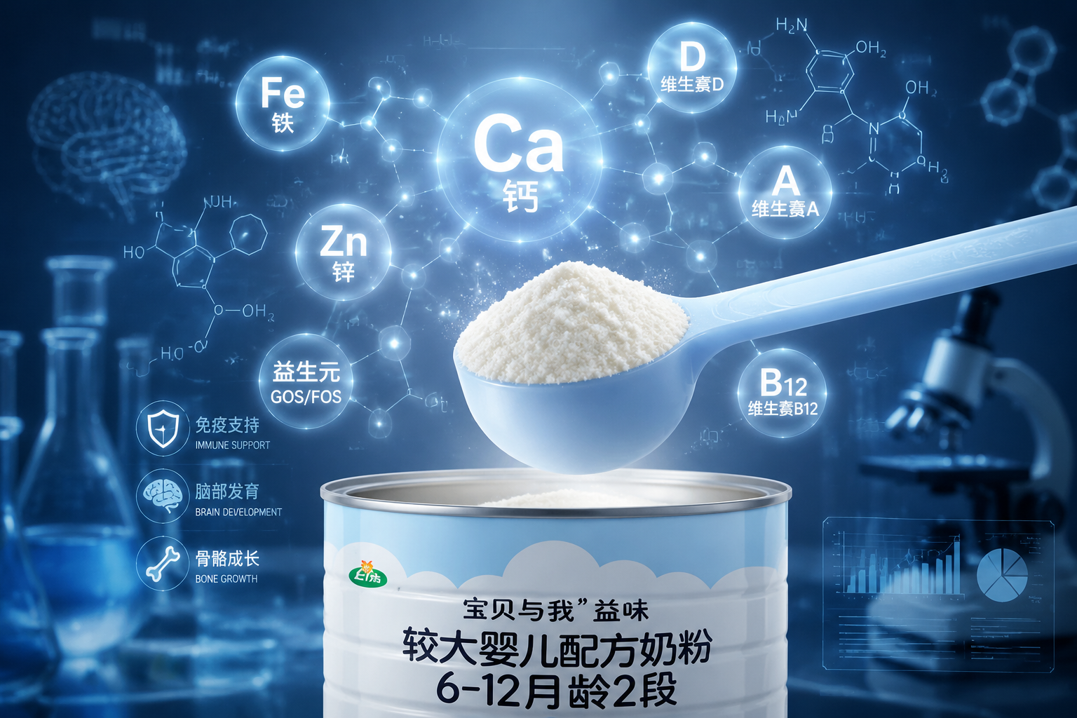 充滿科技感與營養(yǎng)學(xué)的畫面，一個(gè)奶粉量勺舀起潔白的奶粉，上方懸浮著各種發(fā)光的化學(xué)分子式和營養(yǎng)素圖標(biāo)（如鈣、鐵、鋅、維生素），背景深邃且具有實(shí)驗(yàn)室的嚴(yán)謹(jǐn)感。