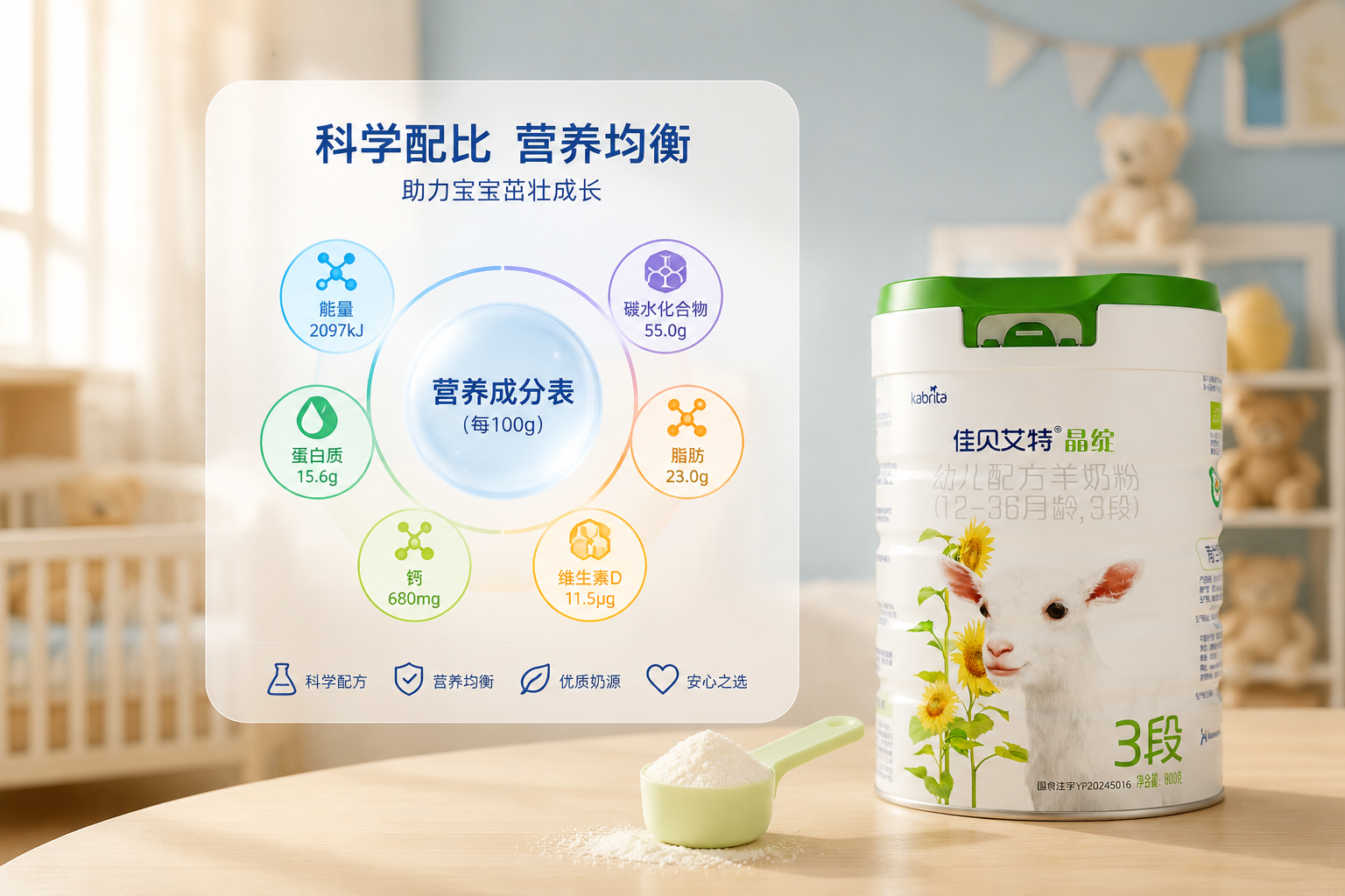 一張精心設(shè)計的營養(yǎng)成分?jǐn)?shù)據(jù)圖表懸浮在空中，背景是柔和的嬰兒房，旁邊有量勺和奶粉罐，畫面清晰展示出科學(xué)配比的概念，光線柔和，色彩溫馨，強調(diào)數(shù)據(jù)的精準(zhǔn)與科學(xué)喂養(yǎng)。