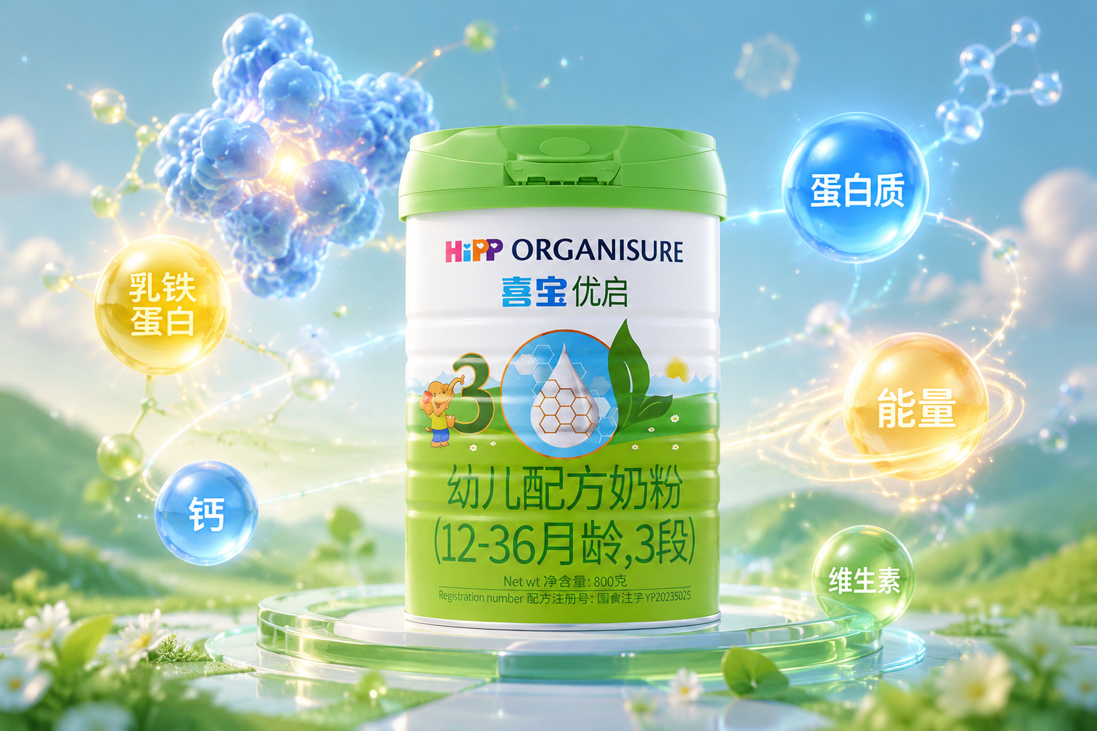 3D抽象風(fēng)格的營養(yǎng)元素可視化，發(fā)光的蛋白質(zhì)分子結(jié)構(gòu)和能量球體懸浮在空中，科技感與健康感結(jié)合，色彩明亮柔和。