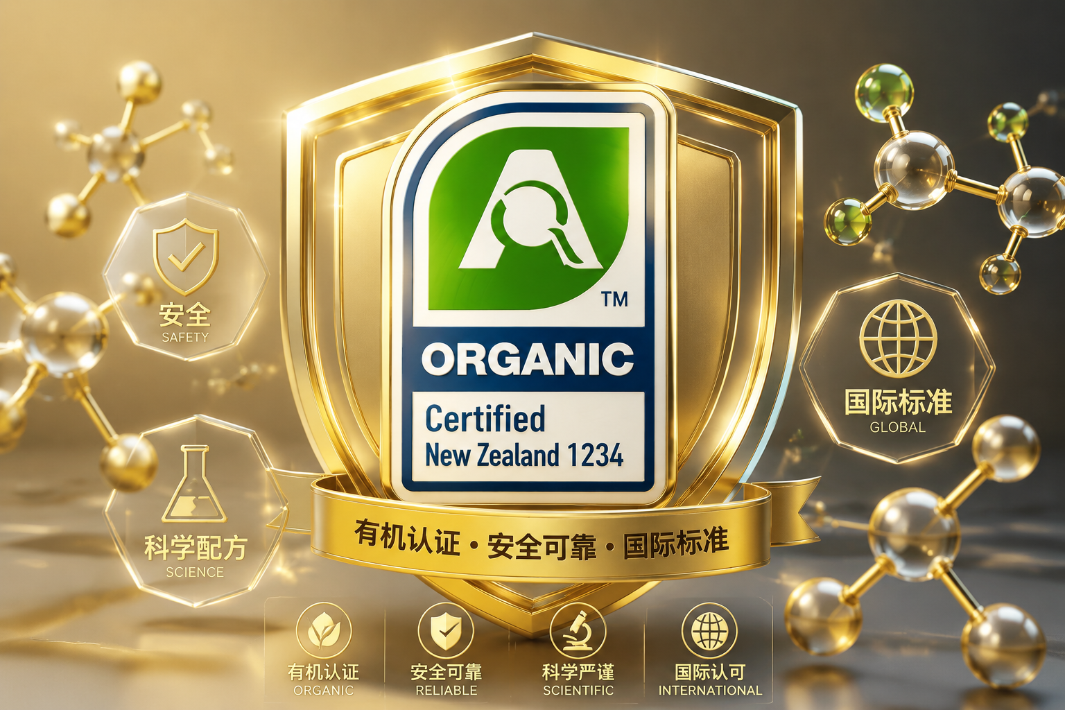 專業(yè)的食品安全質(zhì)量認(rèn)證圖標(biāo)設(shè)計(jì)，金牌品質(zhì)，3D質(zhì)感，周圍環(huán)繞著象征科學(xué)配方的分子結(jié)構(gòu)圖和盾牌元素，代表安全、可靠與國(guó)際化的高標(biāo)準(zhǔn)質(zhì)量保證。