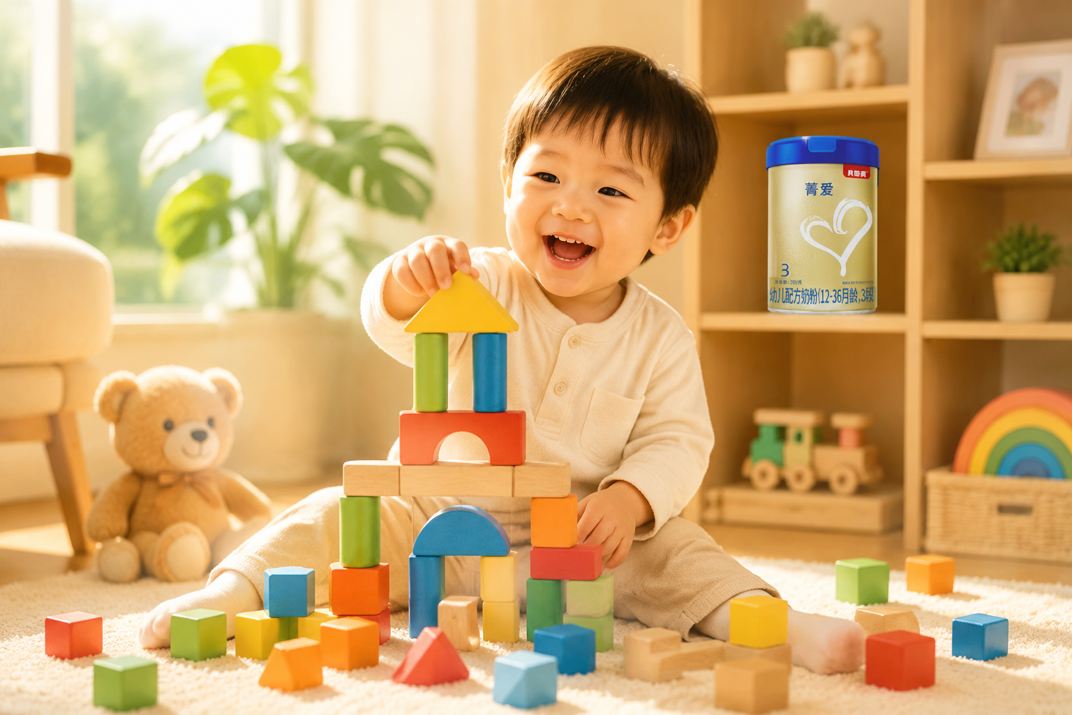 一個1-3歲活潑可愛的中國寶寶在陽光充足的客廳里開心地玩積木，笑容燦爛，展現(xiàn)出健康、聰明的狀態(tài)，背景的置物架上隱約放著一罐貝因美菁愛奶粉，畫面色調(diào)溫暖、充滿活力與希望。