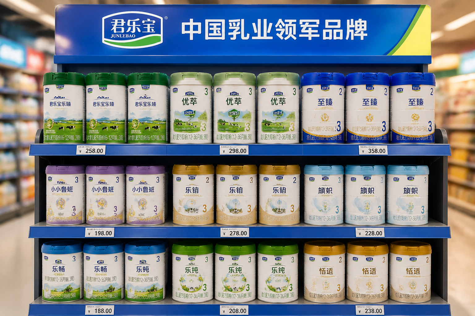 超市母嬰專區(qū)貨架的正面圖，整齊地排列著一排排君樂寶各個系列（樂臻、優(yōu)萃、至臻等）的奶粉罐，燈光明亮，背景呈大光圈虛化，體現(xiàn)品牌產(chǎn)品線的豐富與正規(guī)。