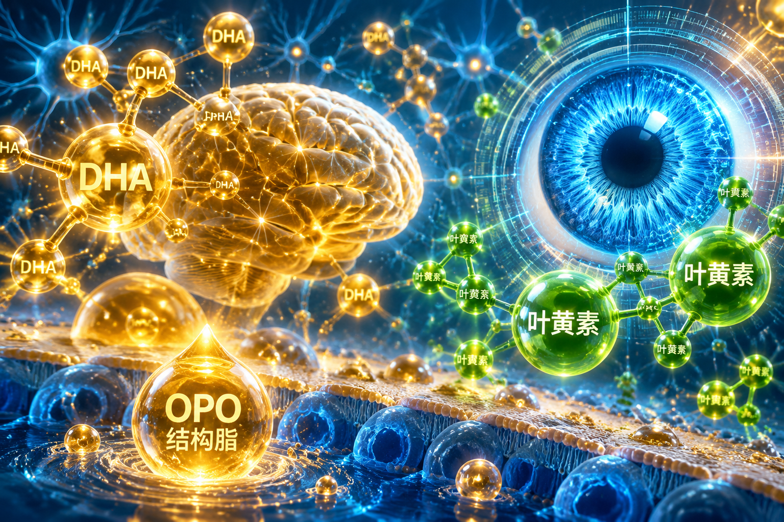 充滿科技感的3D微觀世界，金色的DHA分子、綠色的葉黃素分子和OPO結(jié)構(gòu)脂在充滿活力的細胞背景中穿梭，象征著寶寶大腦和視力的黃金發(fā)育，色彩鮮明，極具未來感。