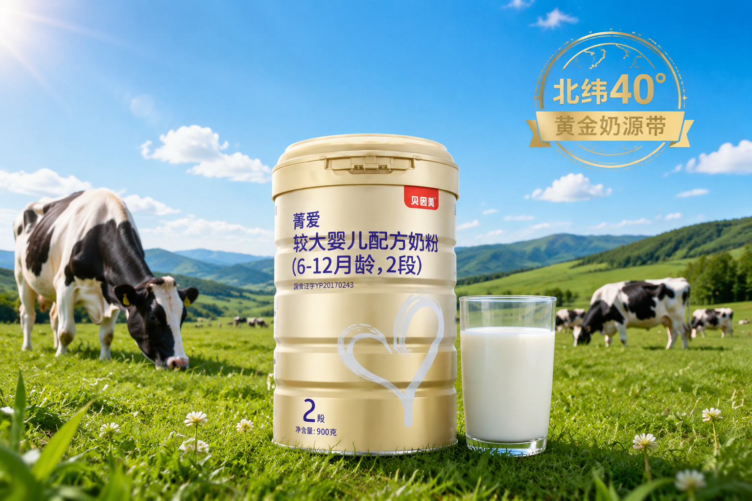北緯40度黃金奶源帶的廣闊綠色牧場，陽光明媚，健康的黑白花奶牛在吃草，畫面中央放置一罐貝因美菁愛奶粉，旁邊有一杯純凈的鮮牛奶，自然清新風(fēng)格。