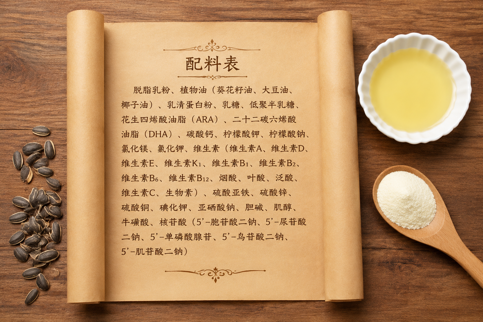 俯視角度，木質(zhì)底板上鋪著一張展開的牛皮紙卷軸，卷軸上是用優(yōu)雅字體寫著的配料表，旁邊點(diǎn)綴著幾?？ㄗ?、一小碟天然植物油和一勺純白的奶粉，干凈整潔的靜物攝影，色彩自然。