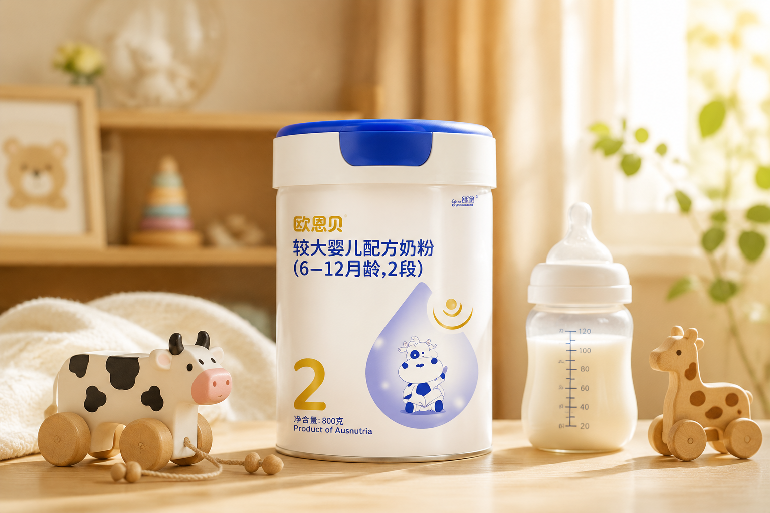 一罐歐恩貝奶粉放置在溫馨的母嬰環(huán)境中，旁邊有可愛的嬰兒木質(zhì)玩具和奶瓶，柔和的陽(yáng)光透過窗戶灑在桌面上，專業(yè)產(chǎn)品攝影，高分辨率，色調(diào)溫暖舒適。