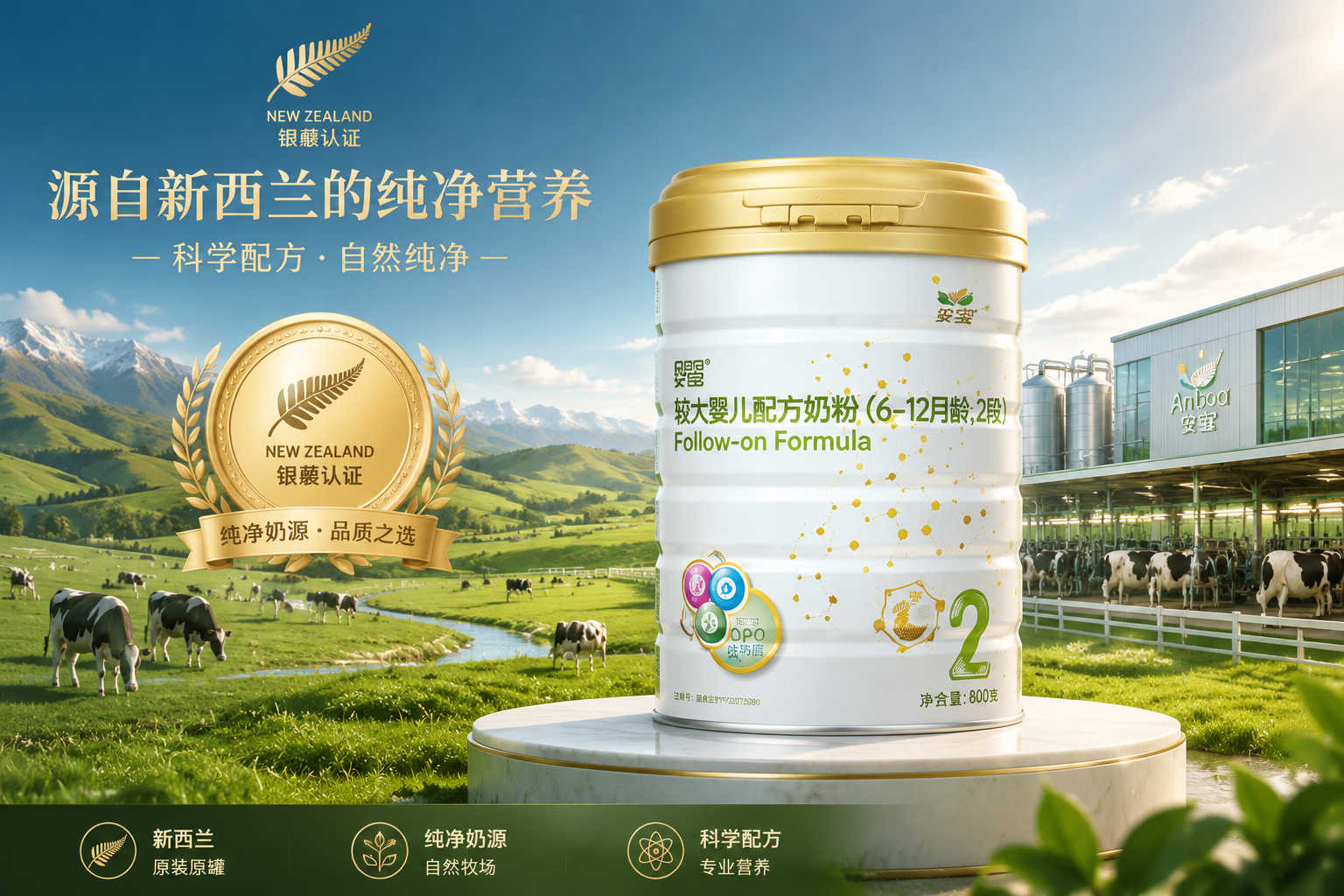 商業(yè)級(jí)插畫(huà)，展現(xiàn)品牌實(shí)力，帶有新西蘭“銀蕨葉”標(biāo)志的榮譽(yù)勛章，背景融合廣袤的綠色生態(tài)牧場(chǎng)和現(xiàn)代化的奶牛養(yǎng)殖基地，色調(diào)高級(jí)大氣。