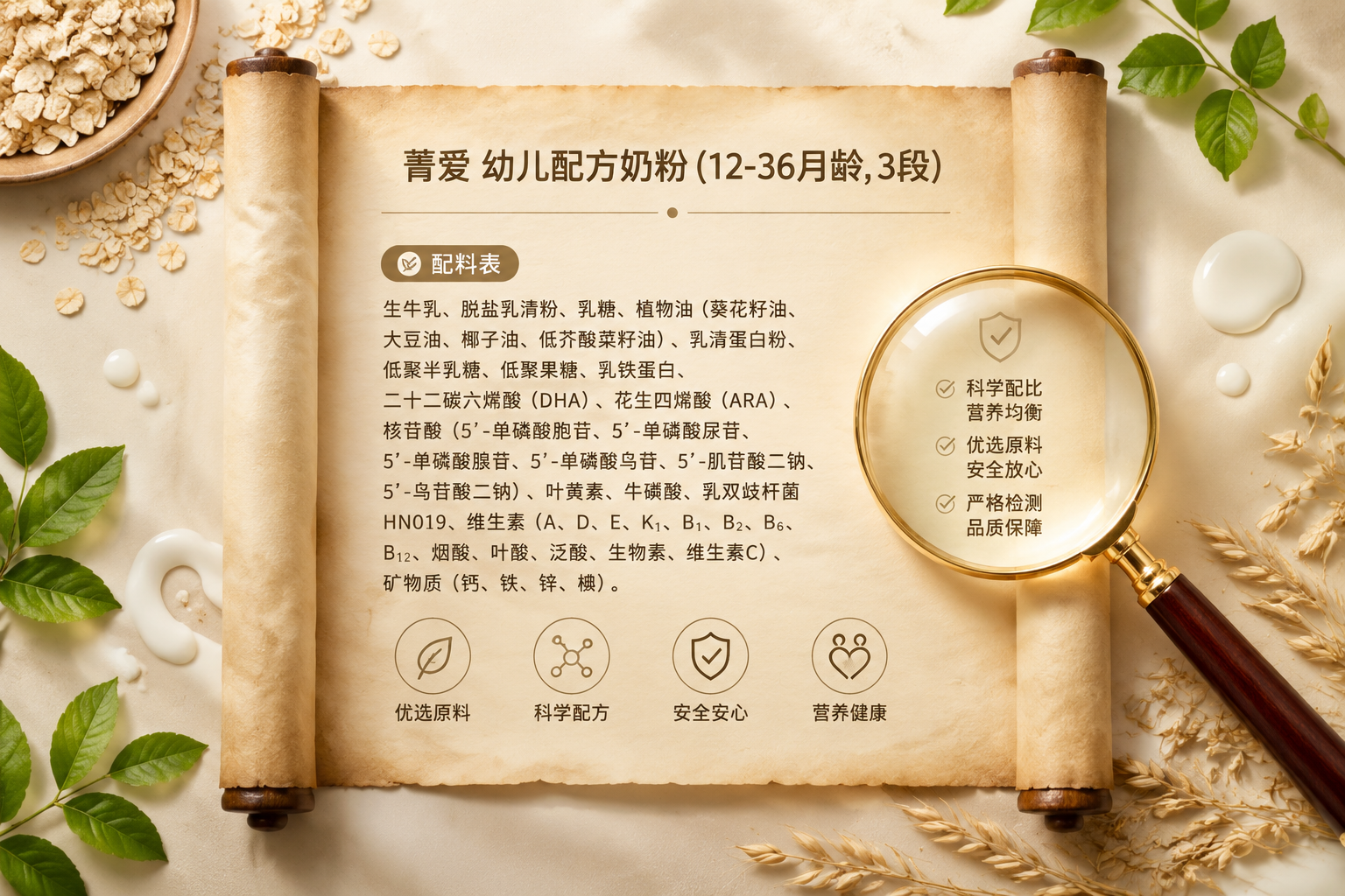 一張展開的古董羊皮紙卷軸，上面用現(xiàn)代感排版印著清晰的配料表文字，旁邊放著一個(gè)發(fā)光的放大鏡，周圍點(diǎn)綴著新鮮的牛奶滴、燕麥和綠葉，傳達(dá)出配料透明、安全健康的理念，俯視角度，柔和的自然光。