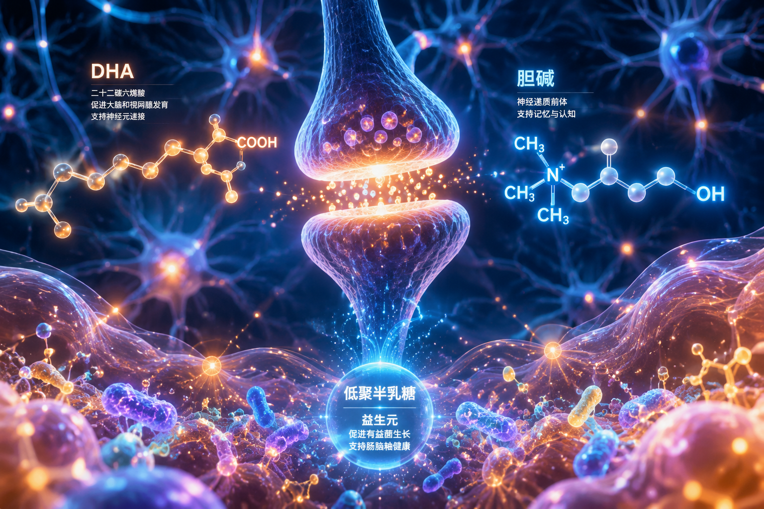 3D微觀科學(xué)風(fēng)格，展示大腦神經(jīng)元突觸連接，發(fā)光的DHA和膽堿分子結(jié)構(gòu)漂浮在畫面中，底部有腸道益生菌群（低聚半乳糖）的抽象發(fā)光動畫，科技藍與溫暖橘色交織。
