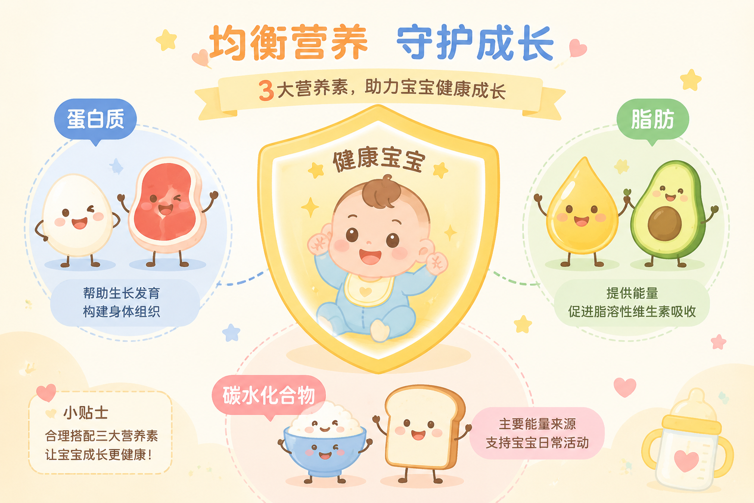 一張扁平化信息圖表風格的插畫，中心是一個代表健康的寶寶盾牌，周圍環(huán)繞著蛋白質(zhì)、脂肪、碳水化合物的可愛擬人化圖標，色調(diào)柔和溫馨，適合母嬰科普。