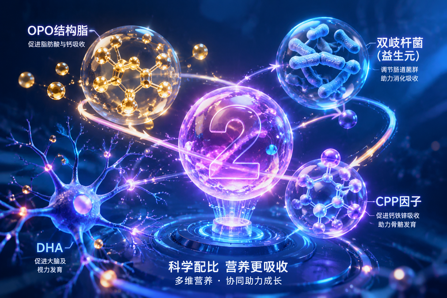 微觀視角的科技感畫面，展示OPO結(jié)構(gòu)脂、雙歧桿菌（益生元）、CPP因子和DHA大腦神經(jīng)元的發(fā)光立體分子結(jié)構(gòu)，背景為深藍色科技光效，象征營養(yǎng)成分的科學(xué)配比與人體吸收，3D渲染，C4D風(fēng)格。