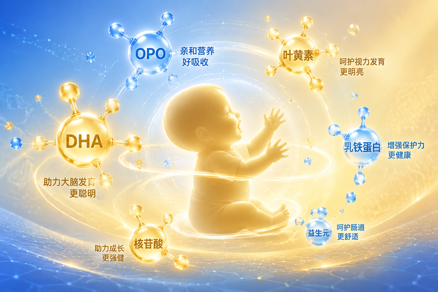 充滿科技感的營養(yǎng)元素插畫，發(fā)光的分子結(jié)構(gòu)代表DHA、OPO、葉黃素等營養(yǎng)物質(zhì)，環(huán)繞著一個健康快樂的嬰兒剪影，背景是柔和的藍(lán)色和金色漸變。