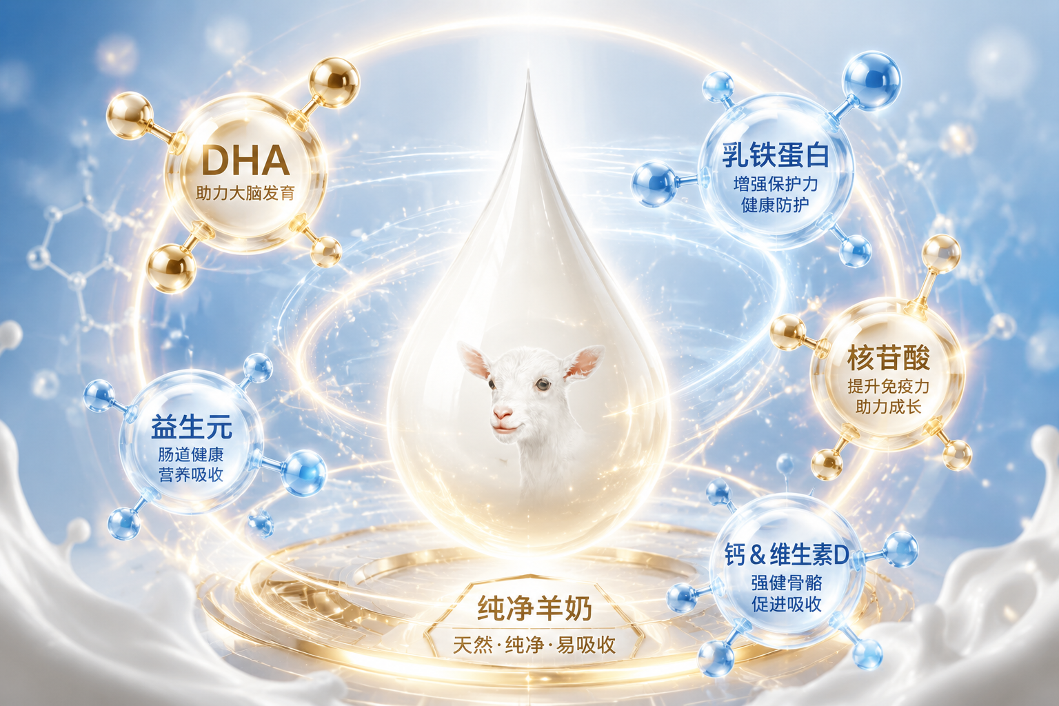 圍繞著一滴純凈羊奶的微觀發(fā)光元素，分別代表DHA、乳鐵蛋白、益生元等營養(yǎng)成分，呈現(xiàn)出分子結(jié)構(gòu)的科技感與生命力，畫面色彩以金色、藍(lán)色和純白色為主，展現(xiàn)核心配方的強大營養(yǎng)矩陣。
