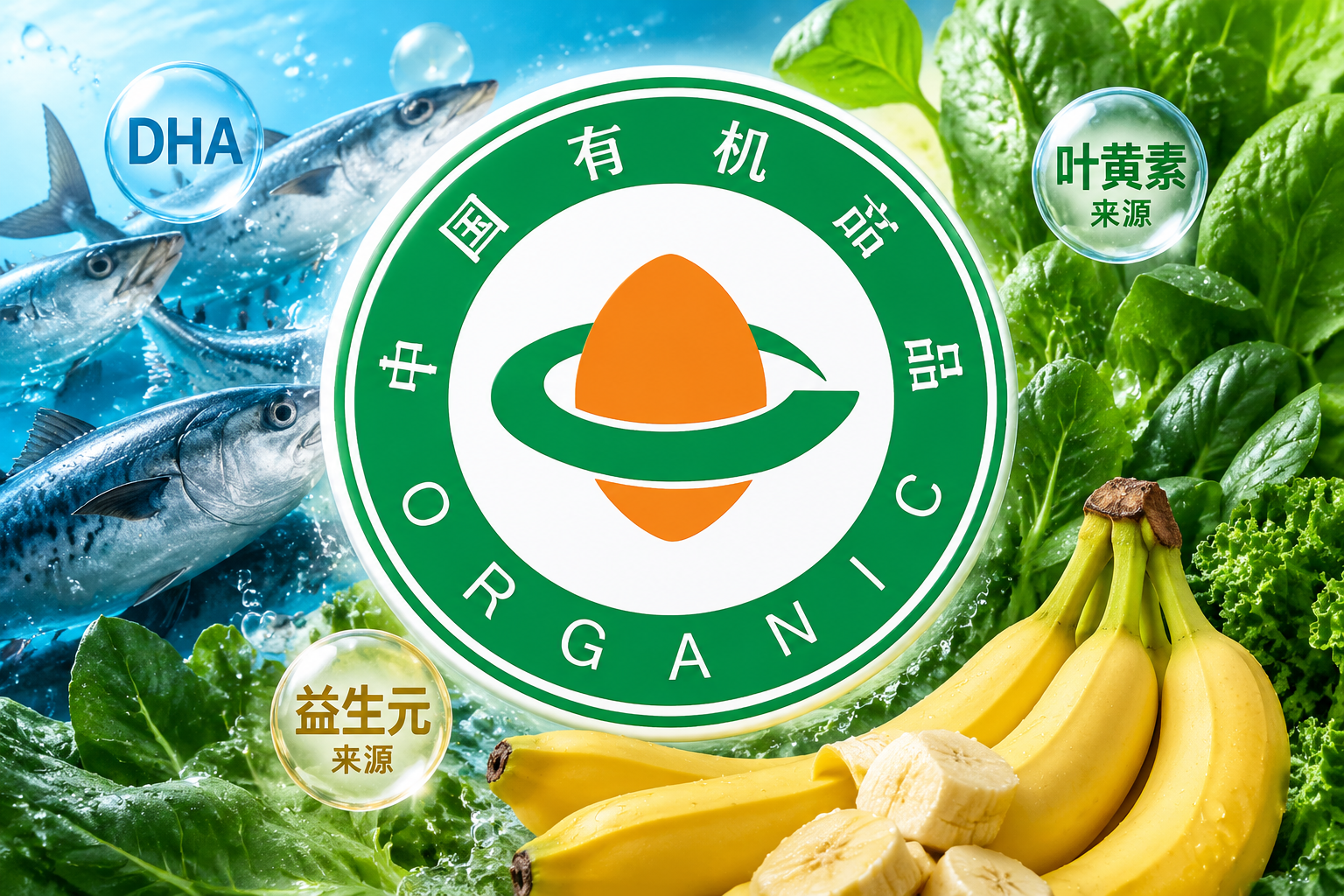 高清特寫中國有機(jī)產(chǎn)品認(rèn)證中心（COFCC）的標(biāo)志，周圍環(huán)繞著象征健康的深海魚（DHA來源）、新鮮綠葉蔬菜（葉黃素來源）和香蕉（益生元來源），色彩鮮艷，充滿生機(jī)與健康感。