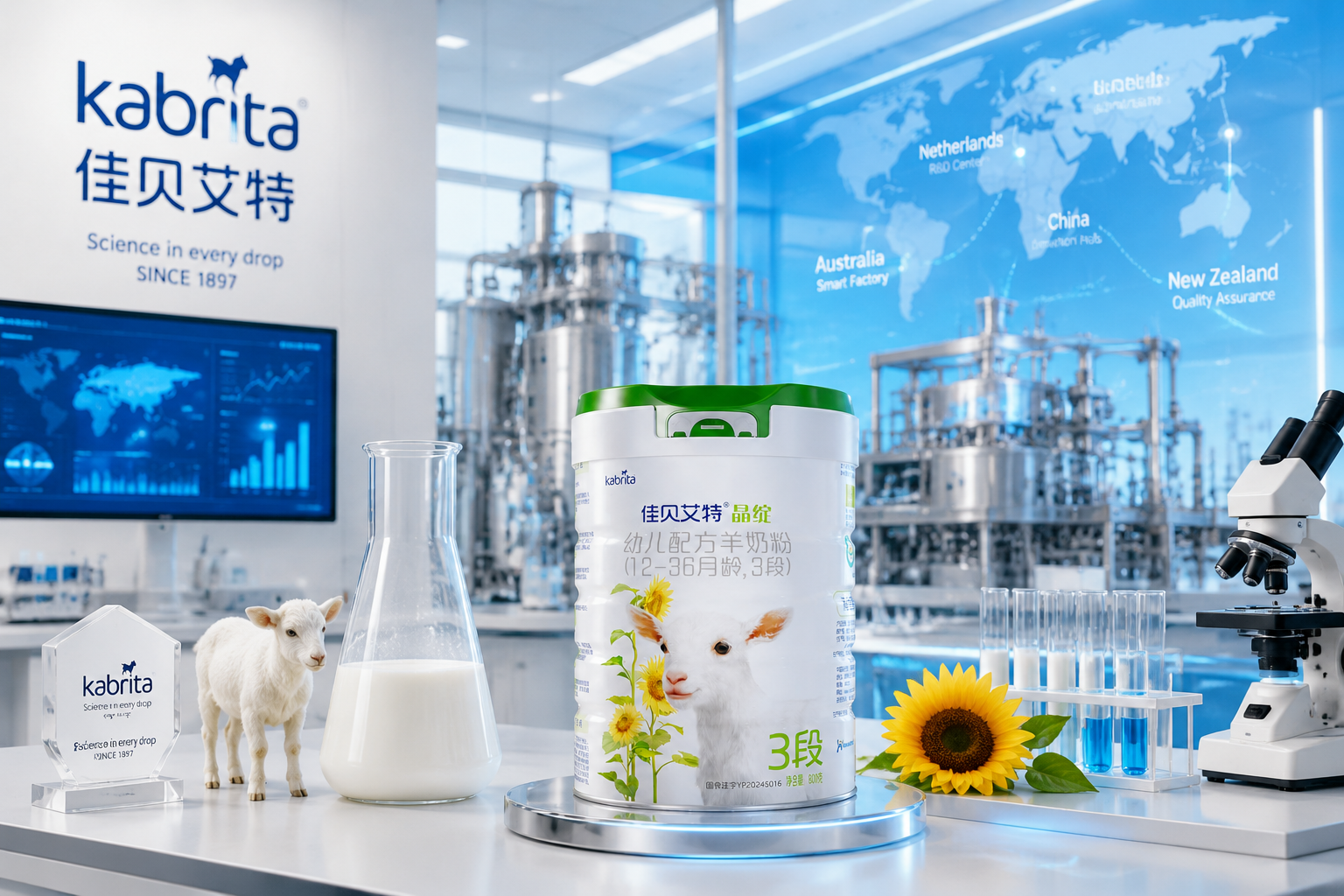 現(xiàn)代化的國際乳制品研發(fā)實驗室，背景是高科技的檢測儀器和潔凈的生產(chǎn)線，前景放置著佳貝艾特品牌標(biāo)志性的元素，展現(xiàn)品牌的專業(yè)、嚴(yán)謹(jǐn)與國際化實力，冷暖色調(diào)結(jié)合，充滿科技感與安心感。