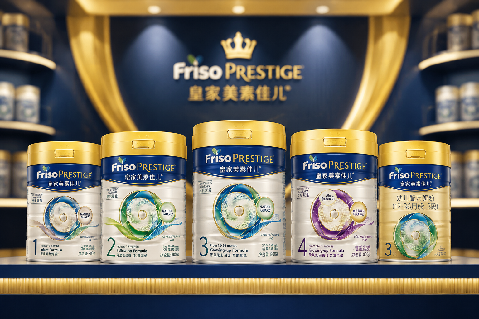 幾罐不同版本和系列的嬰幼兒奶粉整齊排列，背景是高端的金色和深藍(lán)色調(diào)，體現(xiàn)皇家系列和金裝系列的品質(zhì)感，貨架展示，景深效果。