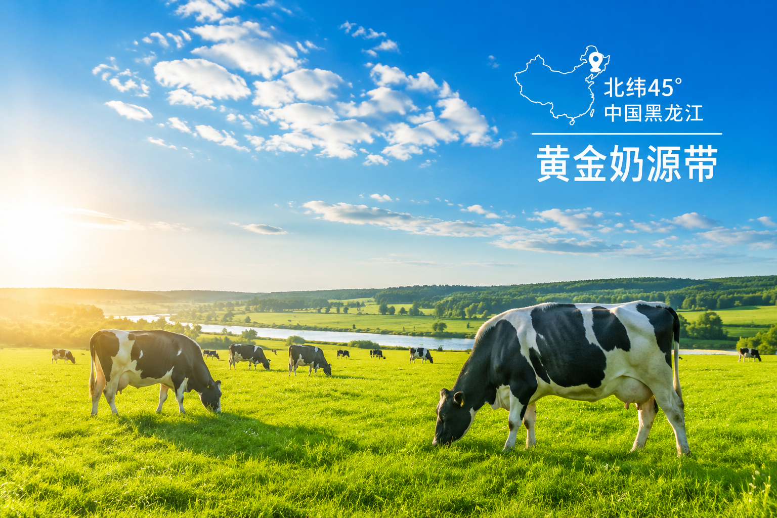 風景攝影，北緯45度黑龍江廣闊的綠色黃金牧場，藍天白云，健康的黑白花奶牛在吃草，清晨的陽光，生機勃勃，代表高品質(zhì)中國奶源。