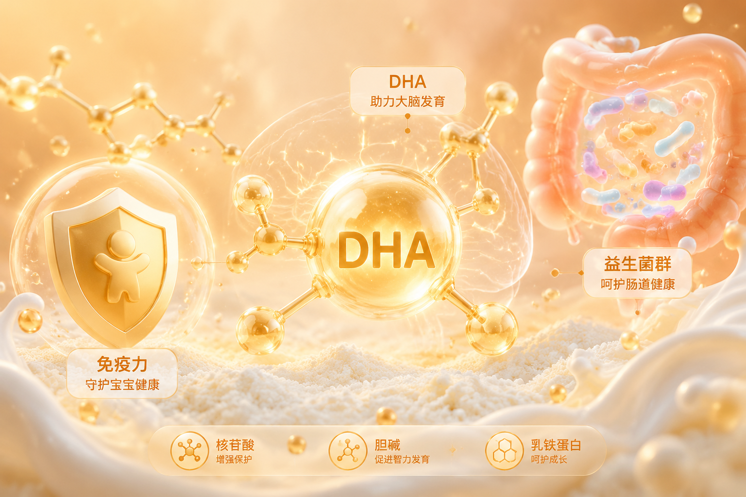 3D微觀視角，展現(xiàn)奶粉中的核心營養(yǎng)成分，如發(fā)光的DHA分子結(jié)構(gòu)（代表大腦發(fā)育）、盾牌圖標（代表免疫力）、以及柔和的腸道益生菌群（代表腸胃健康），科技感與母嬰柔和感結(jié)合，色彩溫暖。