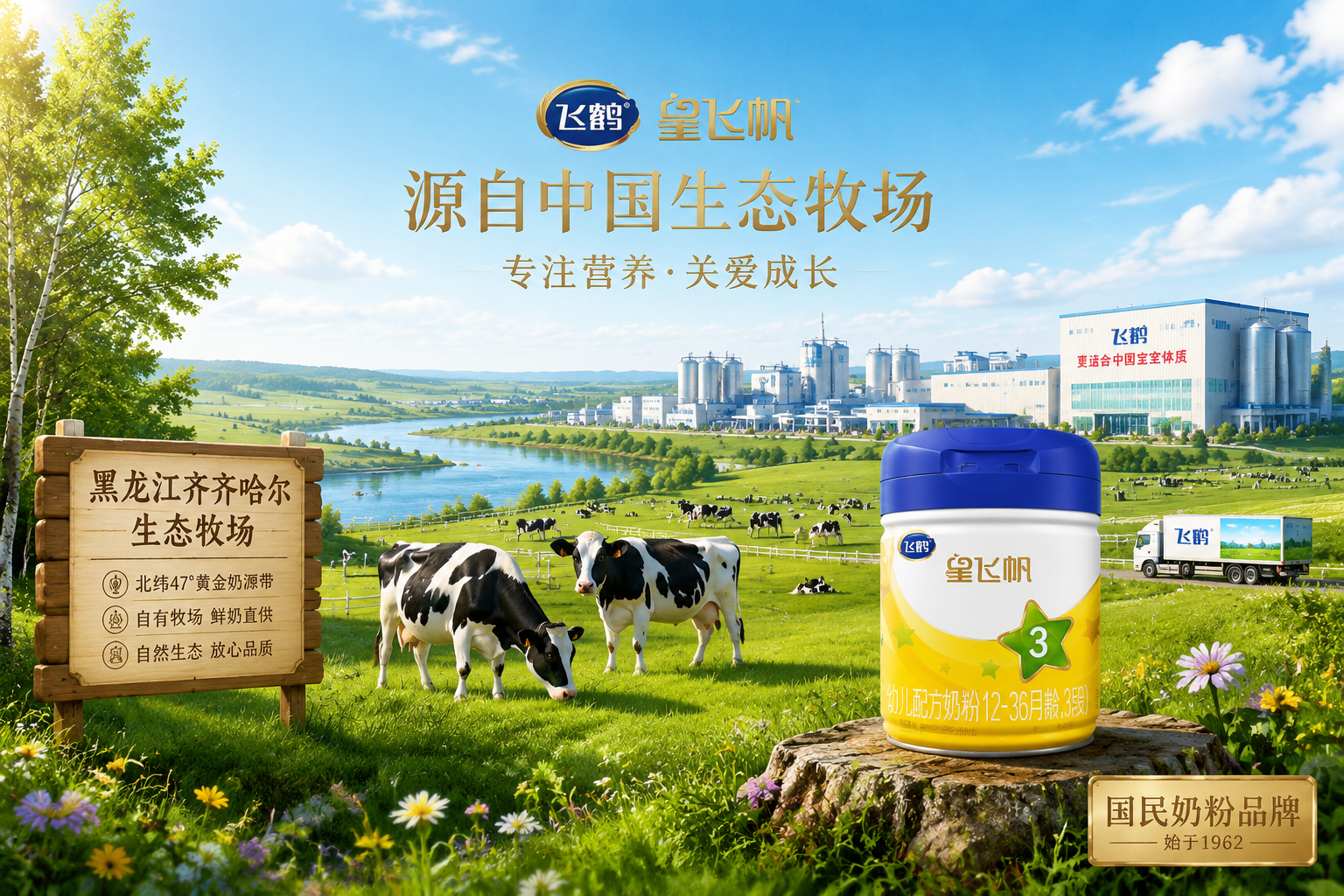 充滿生機的高清插畫，展示黑龍江齊齊哈爾的現(xiàn)代化生態(tài)牧場，陽光明媚，牧草豐茂，遠處的現(xiàn)代化乳品加工廠與自然和諧共存，體現(xiàn)國民大品牌的信賴感和歷史底蘊。