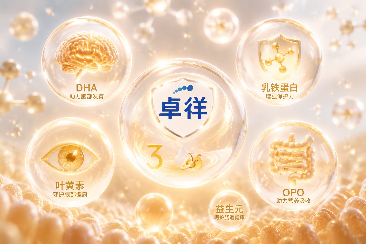 多個(gè)懸浮的半透明發(fā)光氣泡，每個(gè)氣泡內(nèi)包含代表不同營(yíng)養(yǎng)成分的微觀圖標(biāo)（如大腦代表DHA，盾牌代表乳鐵蛋白，眼睛代表葉黃素，腸道代表OPO），背景是柔和的暖色調(diào)，充滿科技感與生命力的微觀視角。