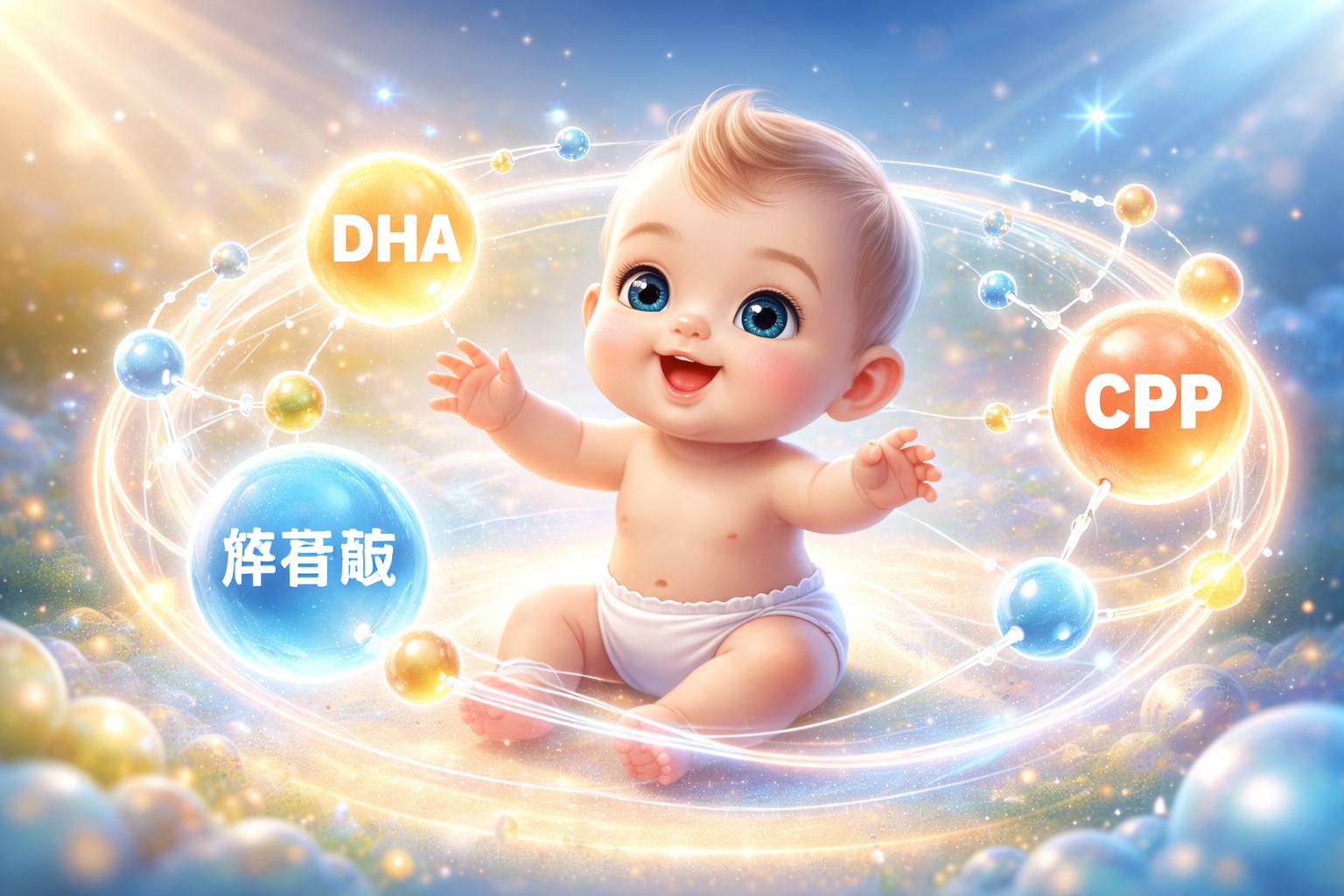 充滿科技感的分子結(jié)構(gòu)發(fā)光圖（代表DHA、核苷酸、CPP等營養(yǎng)素），環(huán)繞在一個(gè)可愛的嬰兒周圍，表現(xiàn)出營養(yǎng)吸收和健康成長的概念，未來感，溫馨色調(diào)。