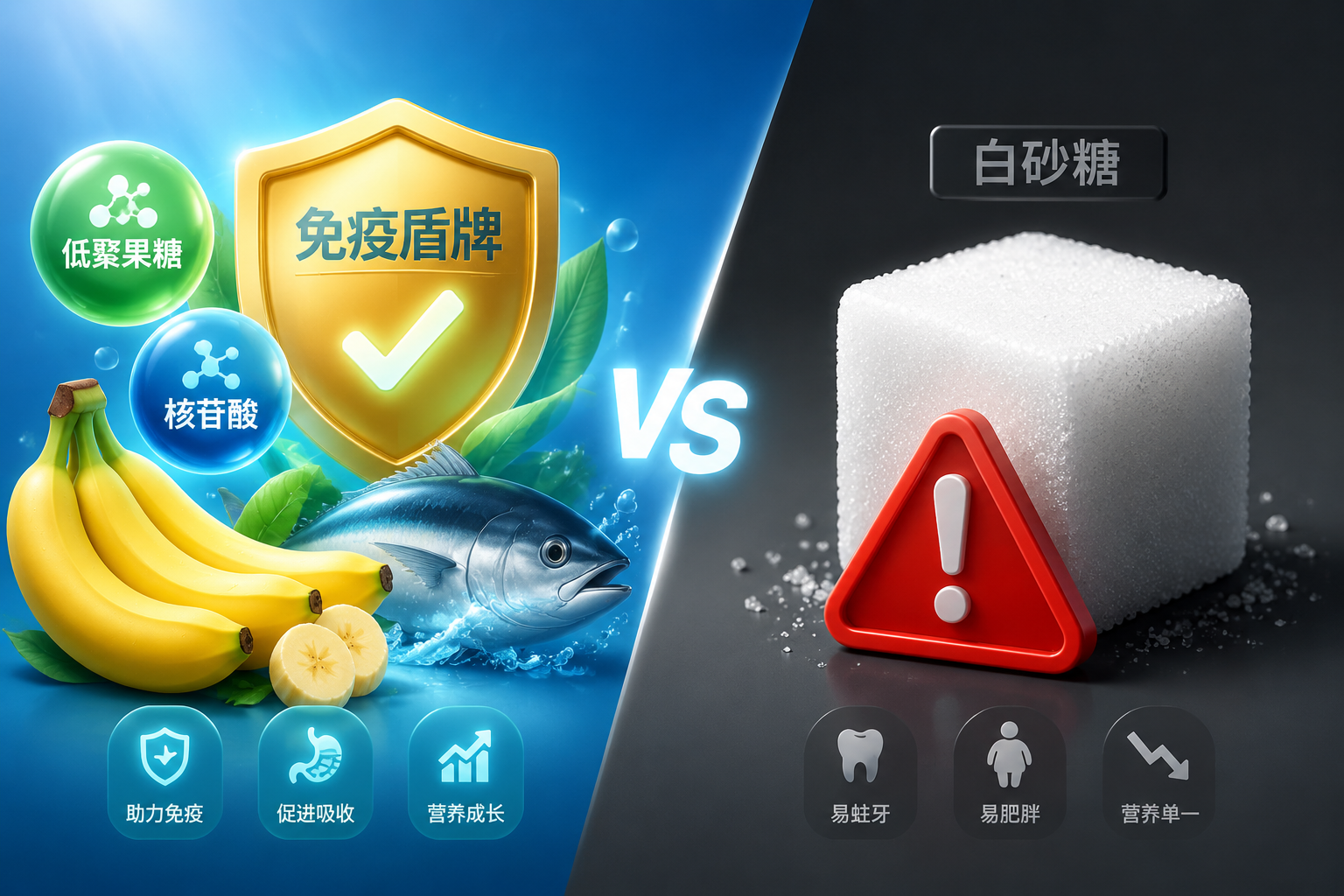 一張對比強(qiáng)烈的概念圖，左側(cè)是充滿生機(jī)的水果（香蕉）、深海魚和免疫盾牌圖標(biāo)，代表健康的營養(yǎng)元素（如低聚果糖、核苷酸）；右側(cè)是一個帶有警告標(biāo)志的白色方糖方塊，背景呈微暗色，提醒白砂糖的危害。3D圖標(biāo)質(zhì)感，現(xiàn)代簡約風(fēng)。