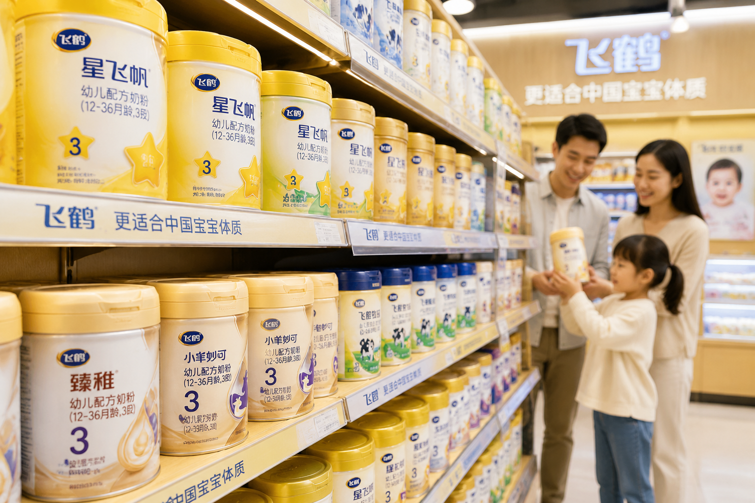 超市貨架上整齊排列的飛鶴品牌各系列奶粉，包含星飛帆、臻稚等不同包裝，景深效果，突出品牌產(chǎn)品線的豐富多樣，溫馨的家庭購物氛圍。