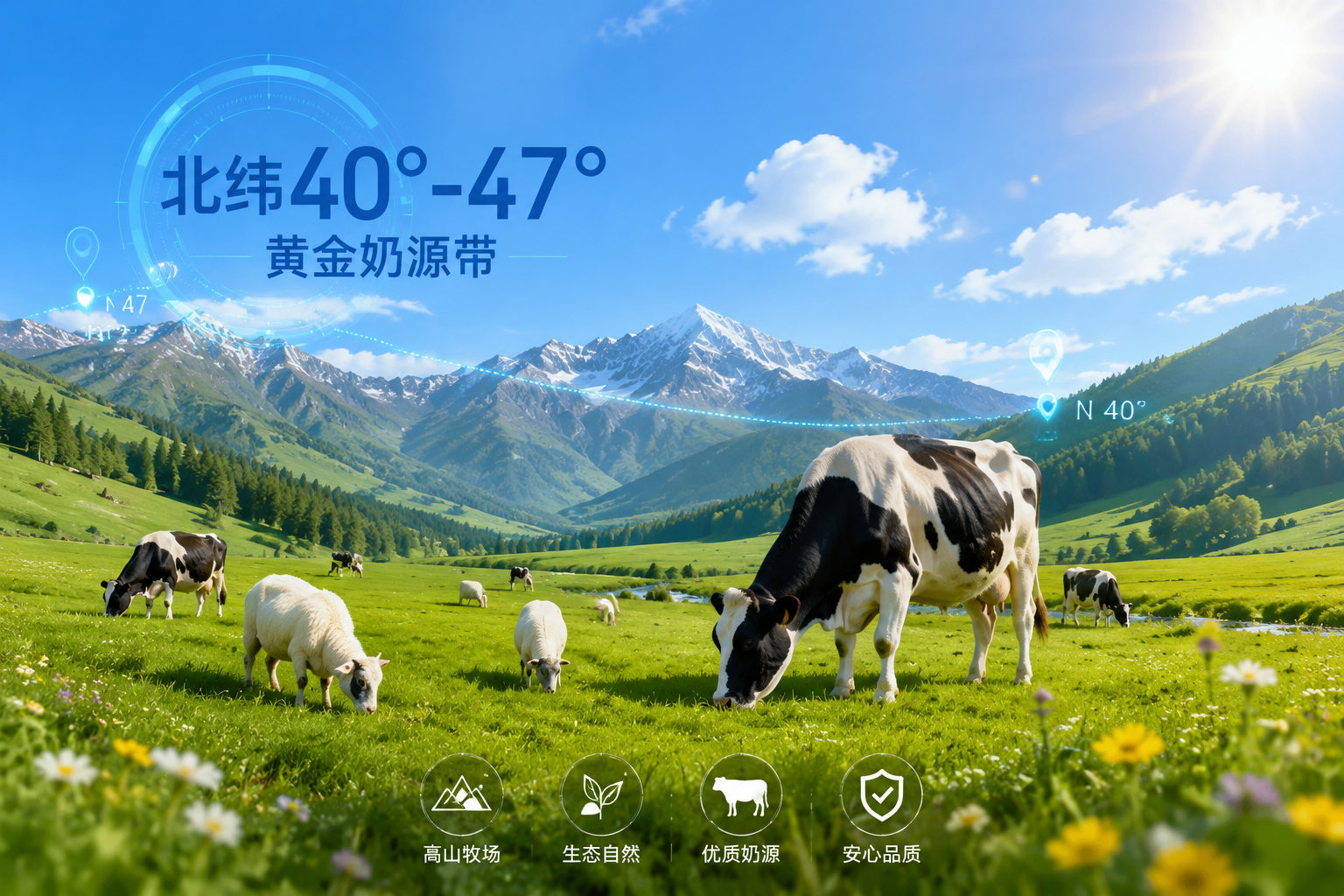 廣闊的綠色高山生態(tài)牧場(chǎng)，藍(lán)天白云，陽(yáng)光明媚，幾頭健康的奶牛和奶羊在吃草。畫(huà)面帶有“北緯40°-47°黃金奶源帶”的科技感地理標(biāo)線提示，畫(huà)面清新自然，充滿生機(jī)。