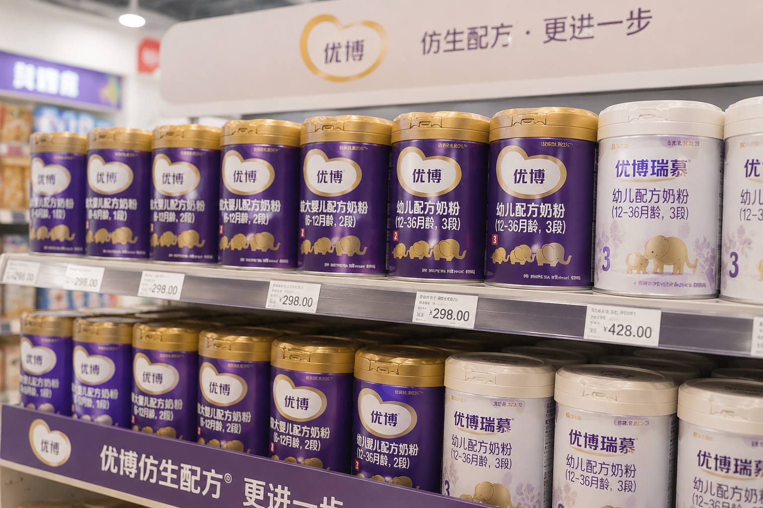 超市母嬰專區(qū)貨架上，整齊排列著不同段數(shù)（1段、2段、3段）的圣元優(yōu)博系列奶粉和優(yōu)博瑞慕奶粉，景深效果，燈光柔和。