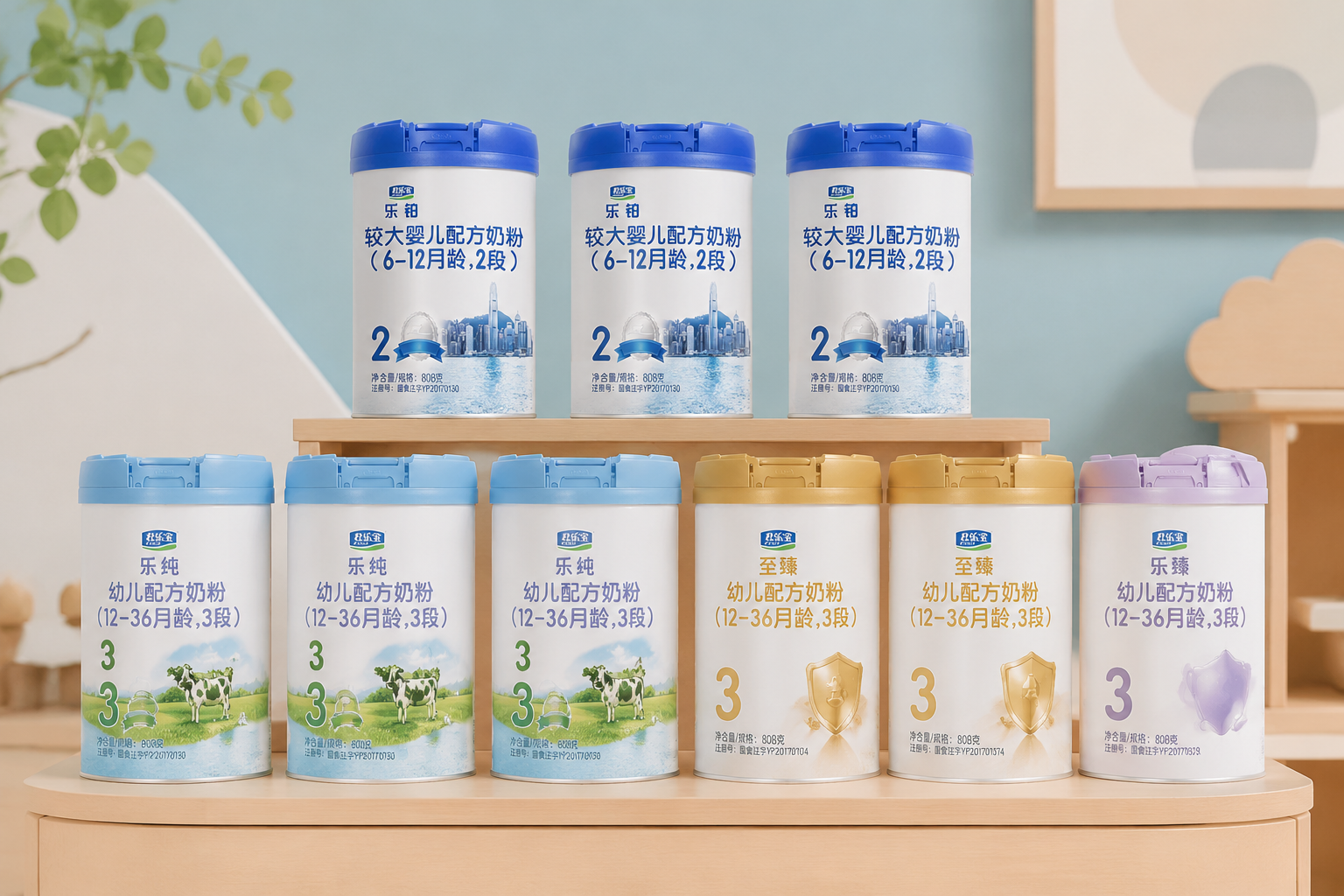 木質(zhì)展示架上整齊排列著不同段數(shù)和系列的君樂寶奶粉罐，從1段到3段，以及樂純、至臻等系列，背景是柔和的莫蘭迪色調(diào)，專業(yè)的母嬰產(chǎn)品陳列攝影。