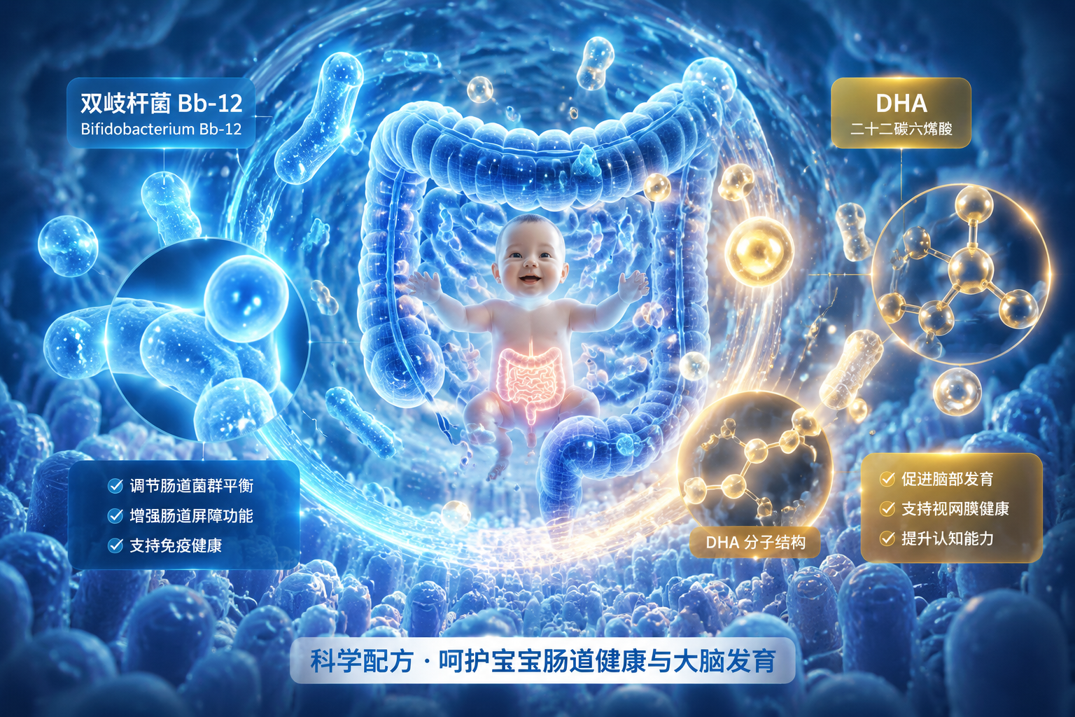 微觀視角的科學插畫，發(fā)光的雙歧桿菌Bb-12益生菌和DHA分子結(jié)構(gòu)，圍繞著健康的嬰兒腸道概念，充滿科技感與醫(yī)學嚴謹感，藍色與暖黃色調(diào)。