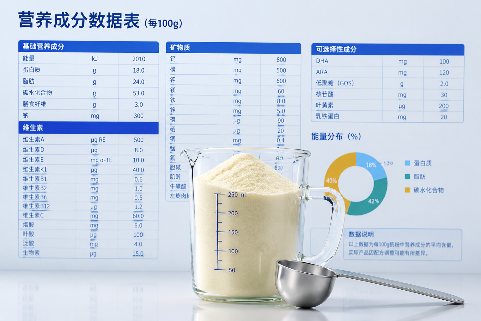 一張嚴謹專業(yè)的營養(yǎng)成分數(shù)據(jù)圖表背景，前景是一個透明的玻璃量杯，里面裝滿細膩的配方奶粉，旁邊放置著銀色的量勺，畫面清晰，打光干凈，體現(xiàn)科學(xué)、精準、值得信賴的測評風(fēng)格。