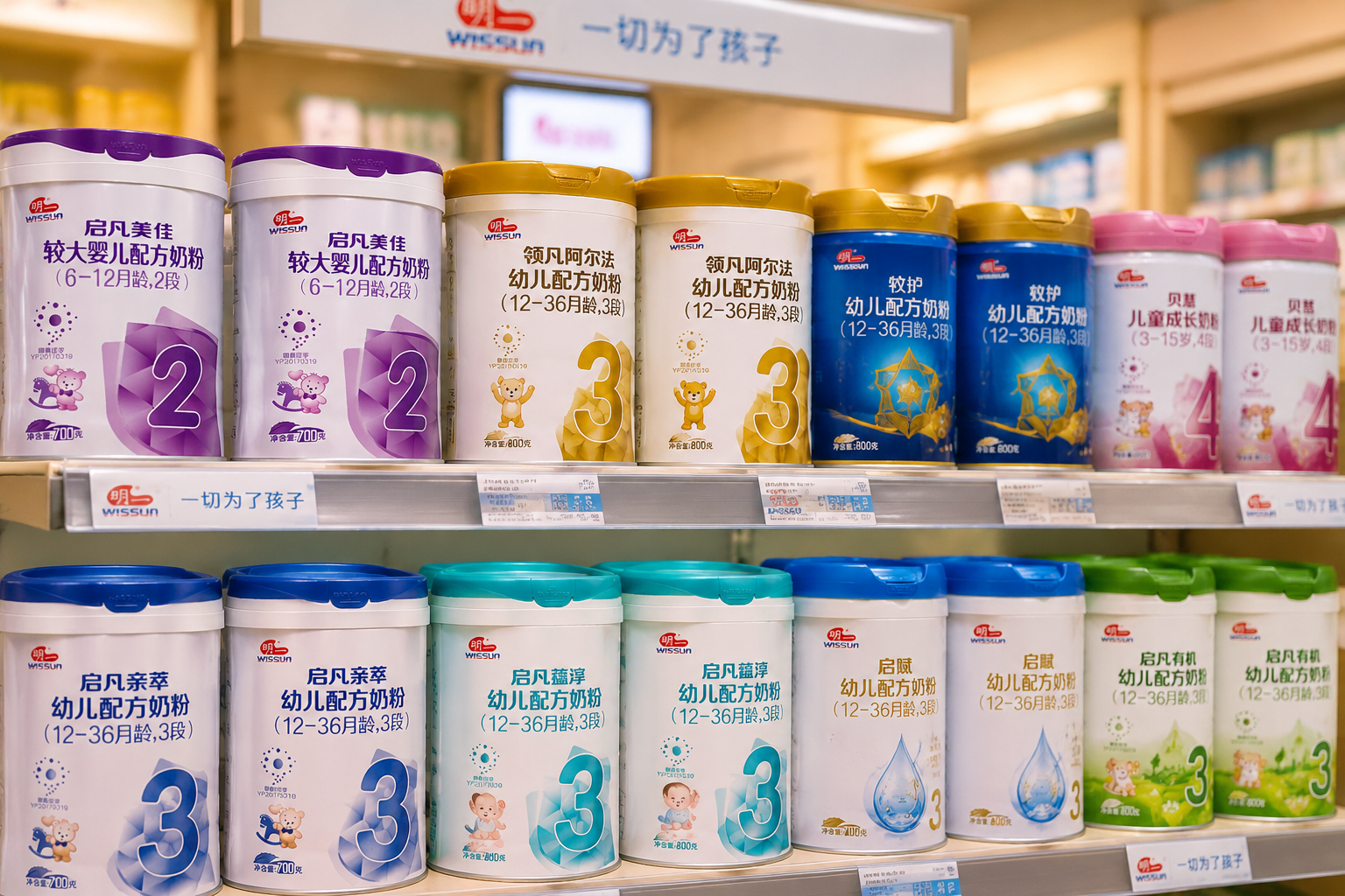 高級母嬰店陳列柜的特寫，貨架上整齊擺放著明一品牌的多個系列奶粉罐（包括啟凡美佳、領(lǐng)凡阿爾法等），背景帶有輕微虛化，燈光柔和，突出品牌產(chǎn)品矩陣的豐富性，商業(yè)攝影風(fēng)格。