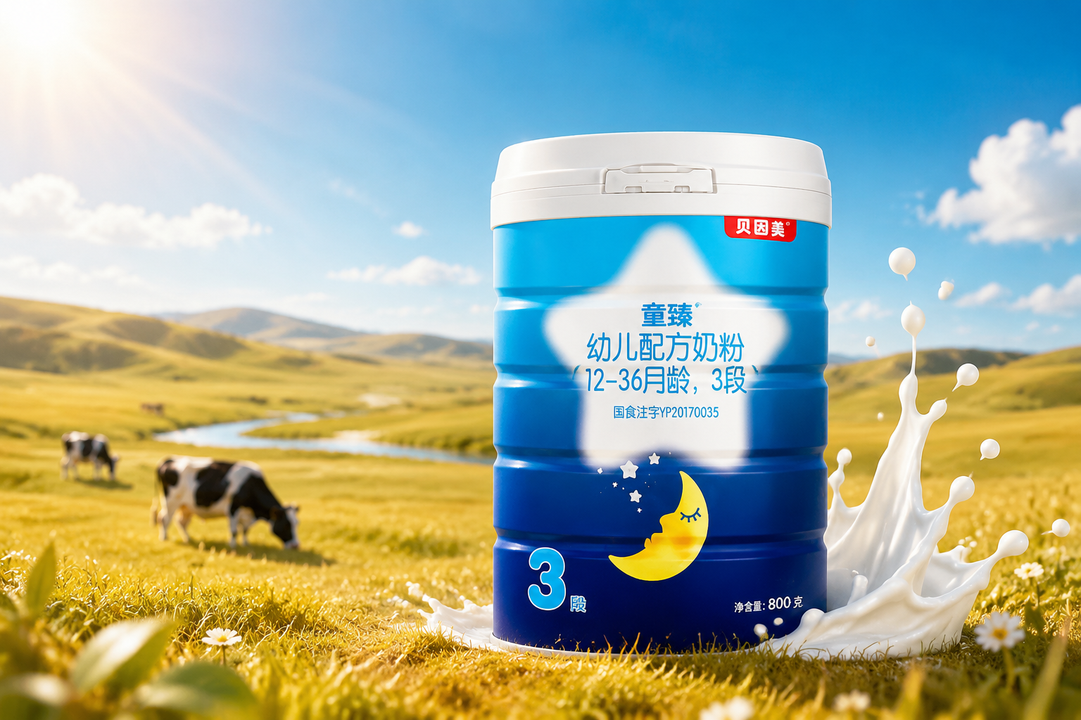 貝因美童臻奶粉3段的產(chǎn)品罐子，放置在陽光明媚的黃金草原上，旁邊有幾滴飛濺的新鮮牛奶，展現(xiàn)出奶源的純凈與自然。