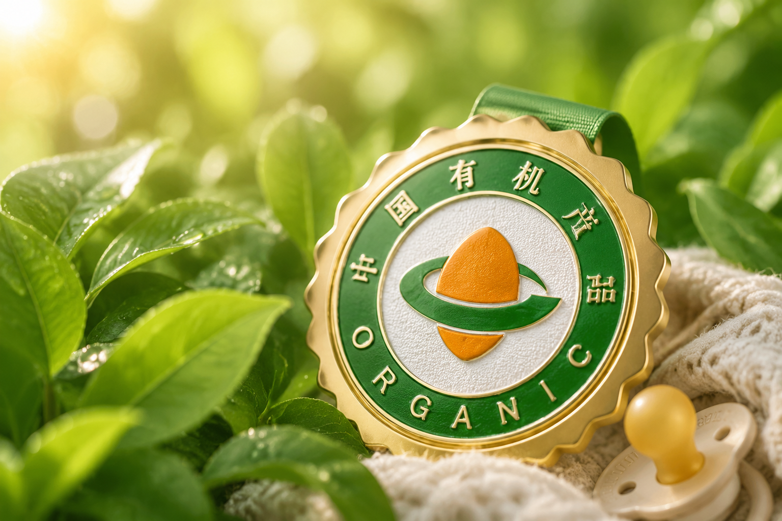 綠葉和清晨陽光背景，一個帶有“中國有機(jī)產(chǎn)品”綠色認(rèn)證標(biāo)志的精美獎?wù)绿貙?，代表著無農(nóng)藥、無化肥的純凈品質(zhì)，微距拍攝，高清晰度，色彩清新治愈，傳達(dá)安全與高品質(zhì)的母嬰概念。