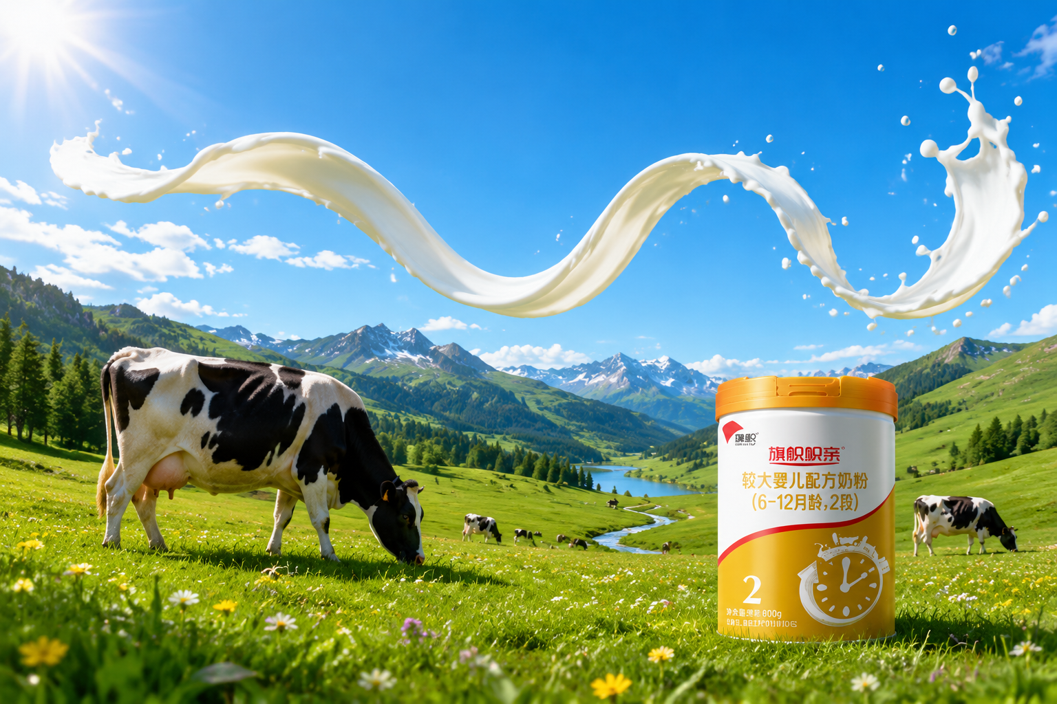 廣闊美麗的綠色高山牧場，北緯41度陽光明媚，健康的荷斯坦奶牛在吃草，清澈的牛奶如同絲帶般在空中飛舞，自然、純凈、生態(tài)的畫面。