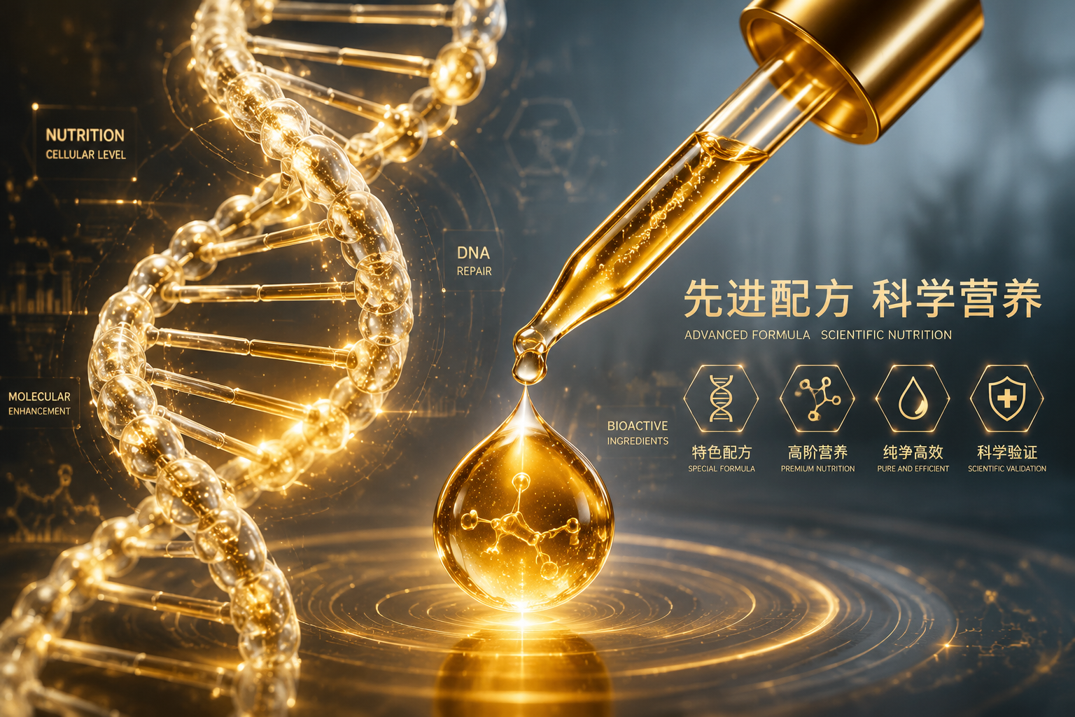 一個充滿科技感的DNA雙螺旋結(jié)構(gòu)，與金色的滴管液滴結(jié)合，象征著先進(jìn)的特色配方和高階營養(yǎng)科學(xué)。